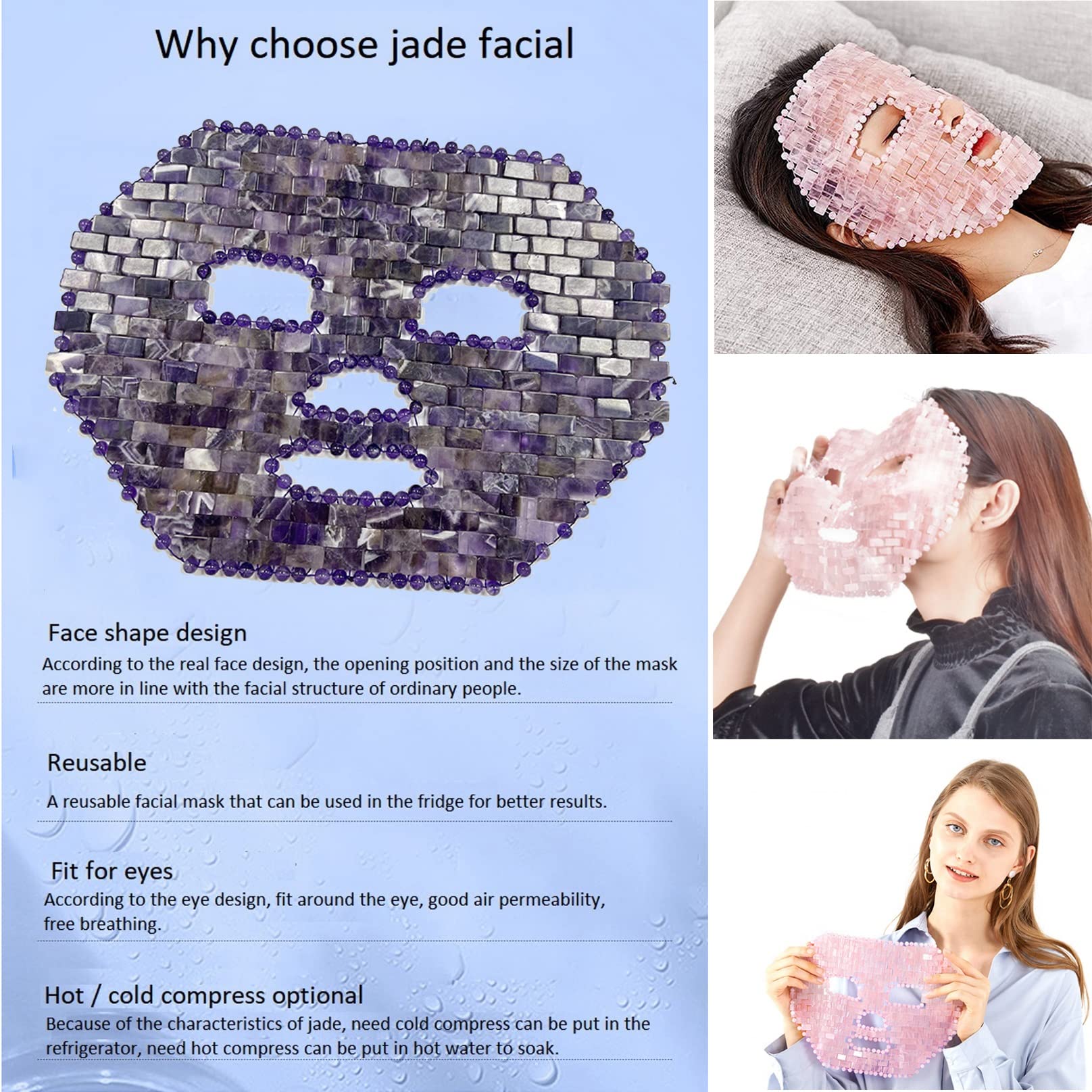 Máscara de Cuarzo Rosa Facial Amatista con Flor Jade Roller Gua Sha Set para SPA Herramienta Cuidado la Piel Terapia Frío Belleza Aliviar Hinchazón Los Ojos (Color : Purple, Size : 3 PCS)