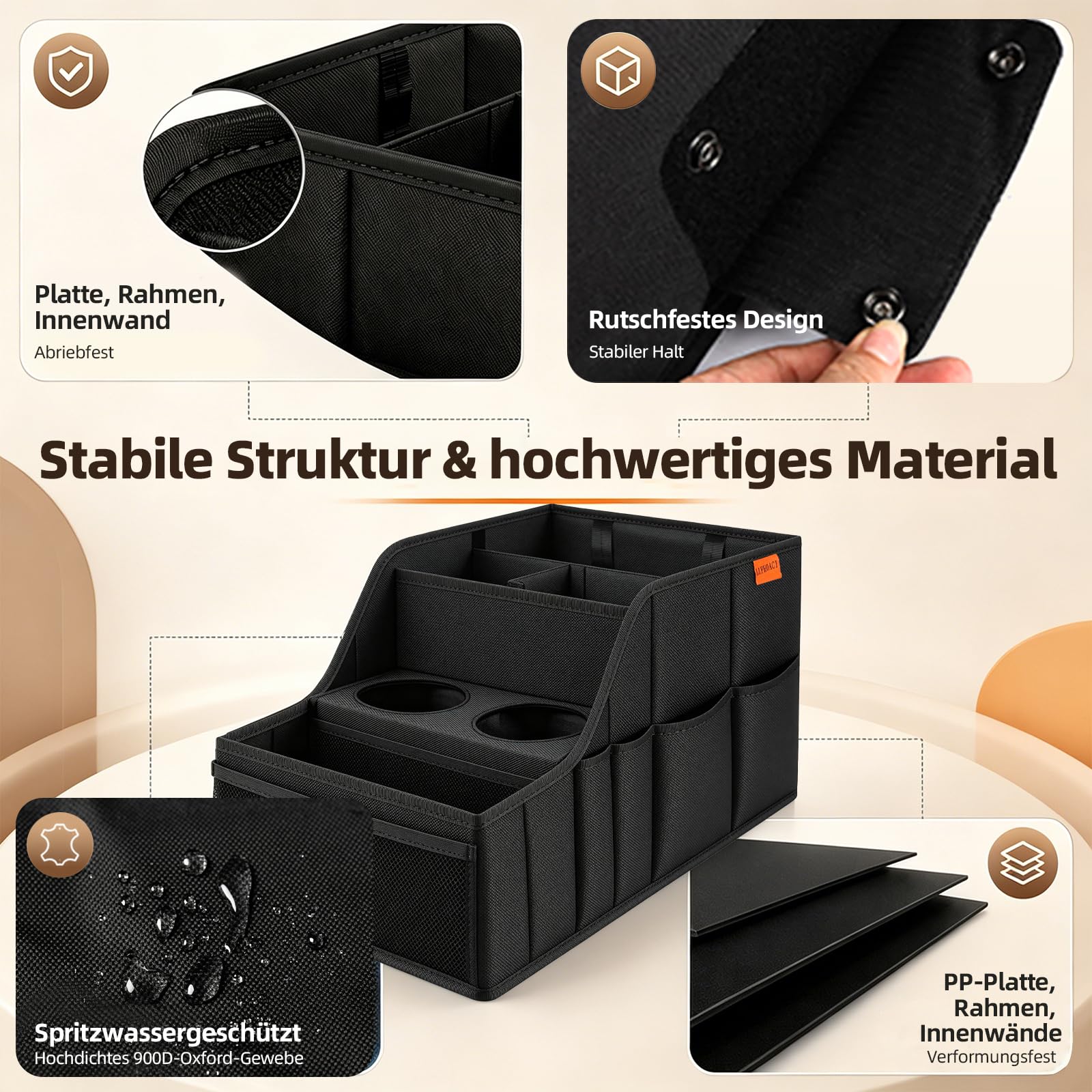 Auto Organizer – stabil, faltbar – 9 Fächer, 2 Getränkehalter – auto organizer für Rücksitz & Beifahrersitz – viel Platz – ideal für Reisen (Schwarz)
