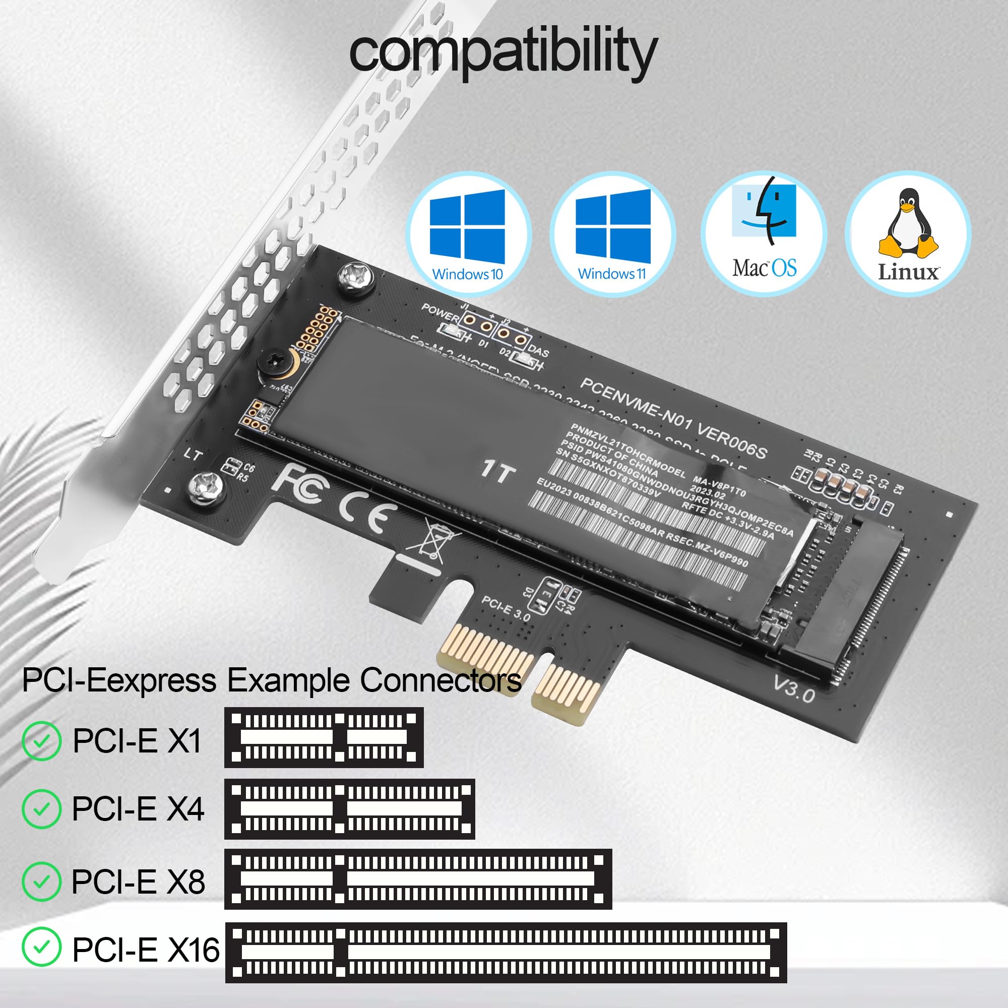 Scheda adattatore PCI-E 1X a M.2 NVME SSD per PC desktop, scheda di espansione PCI Express 3.0 supporta M.2 2230/2242/2260/2280 NVME SSD, compatibile con slot PCI-E X1/X4/X8/X16