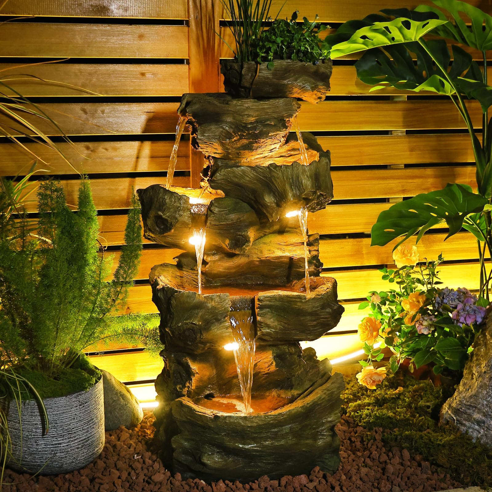 Sunlinua 103 cm H 4-stufiger Gartenbrunnen im Felsen-Look mit LED, Wasserfall und Springbrunnen für Garten, Terrasse, Balkon oder Hof, aus Harz