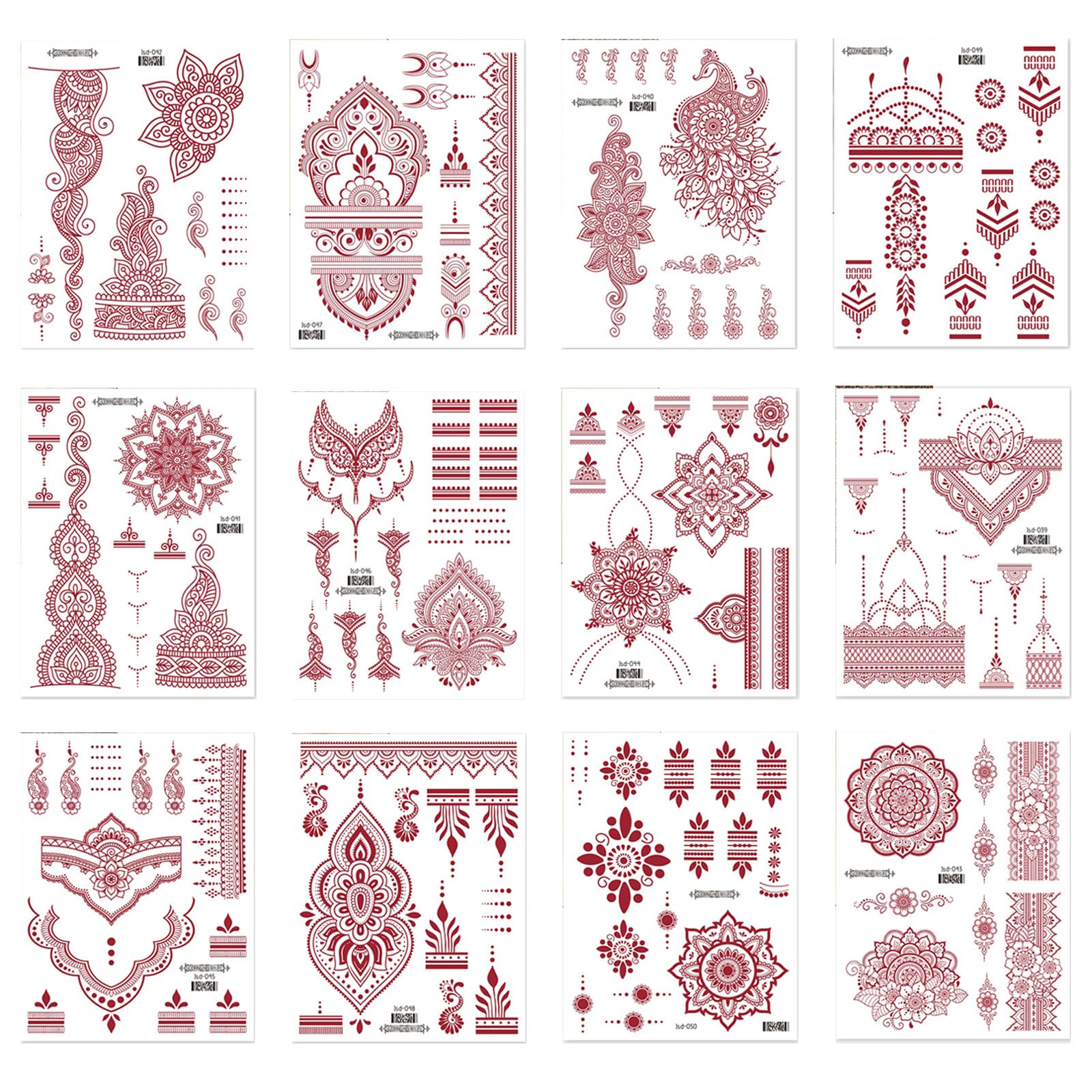 12 Sheets Red Indian Red Temporary Tattoos Women's Special Waterproof Tattoo Stickers for Neck Chest Arms Legs