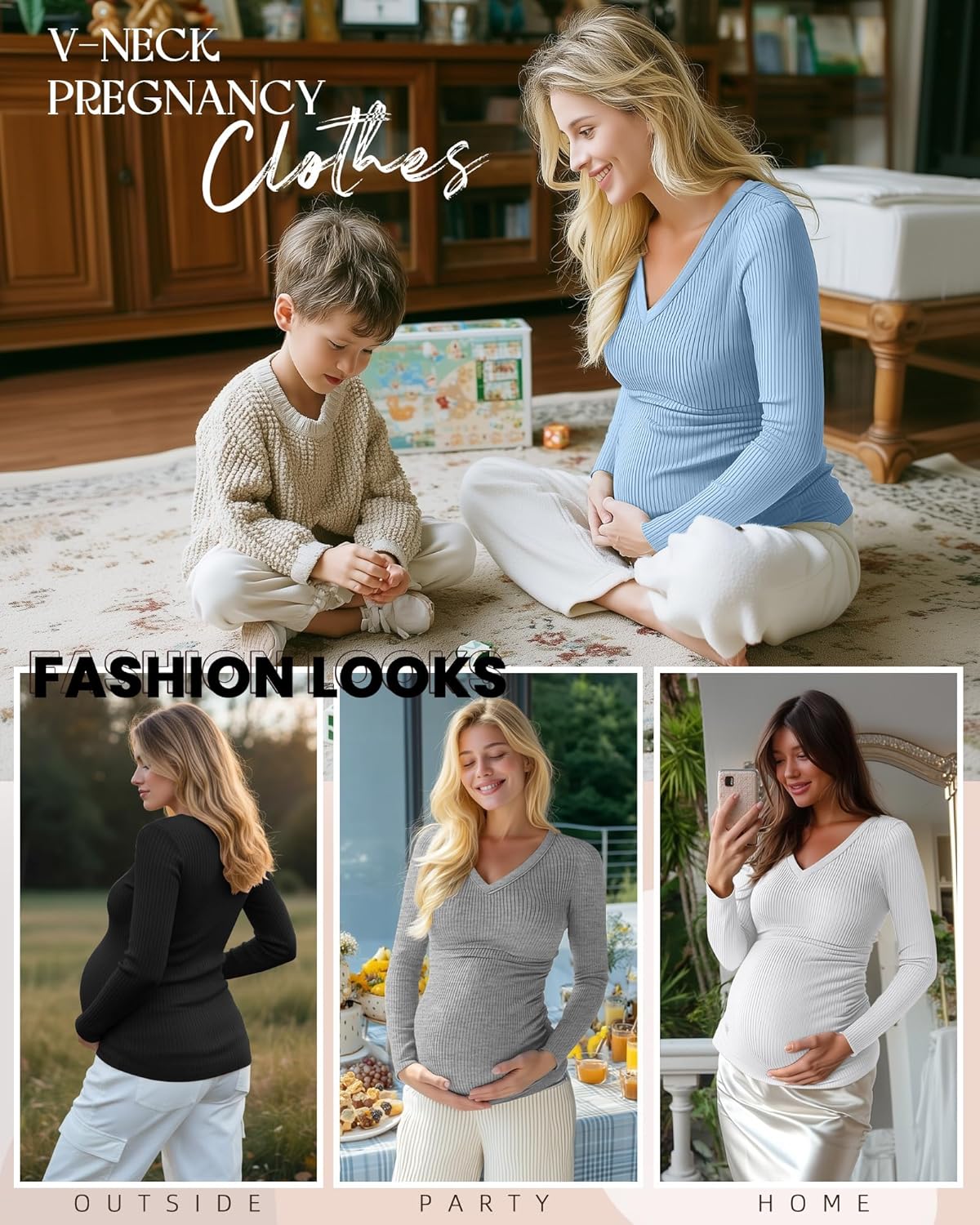 4 Pack Women's Maternity Shirts, Cotton Long Sleeve Pregnancy Tops Ribbed V Neck Slim Fit Maternity Clothes - Image 2