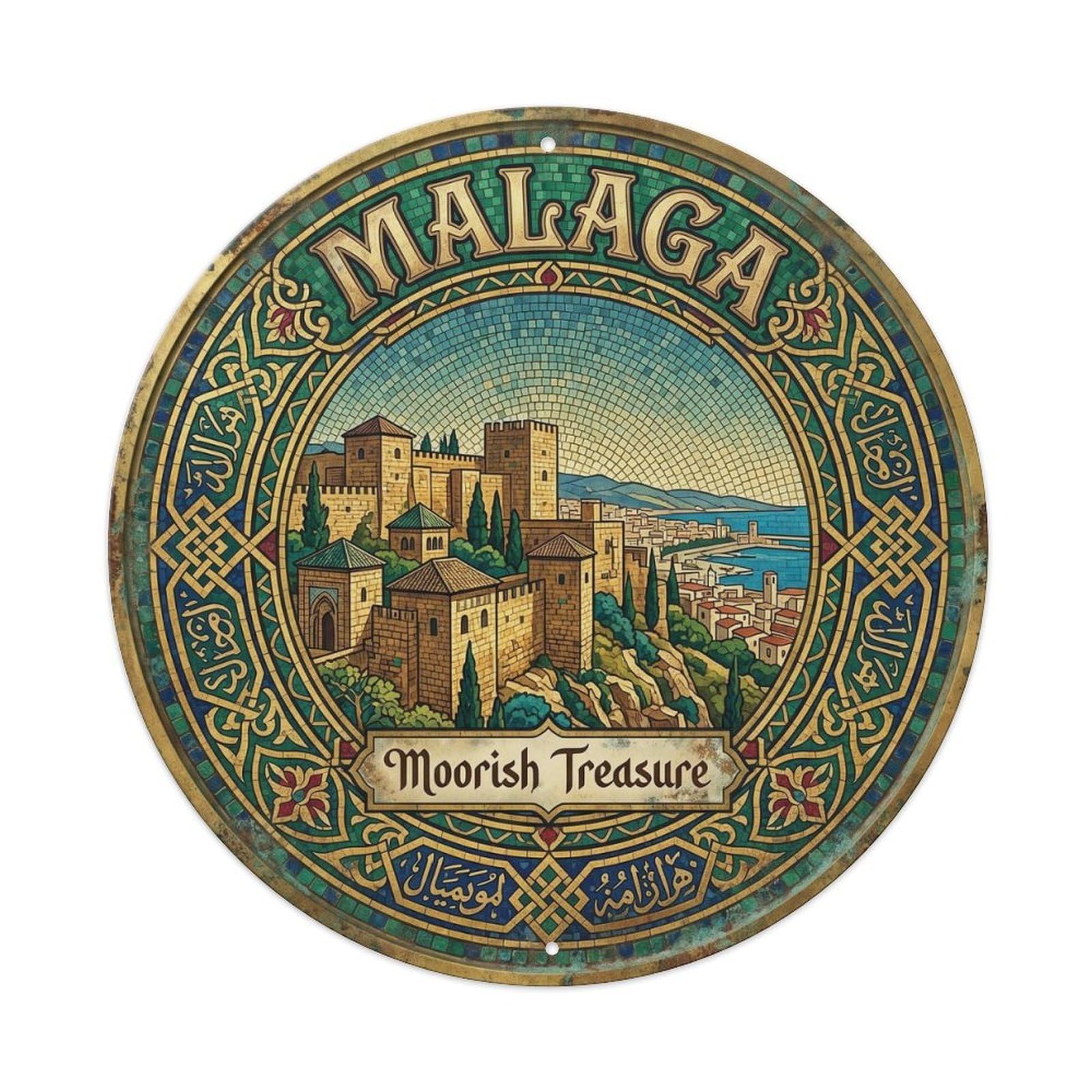 Malaga Fortress Alcazaba Historic Travel Cartography Landmark Metal Tin Sign Plaque Wall Decor for Cafe, Man Cave, Club Bar, Office, Home Garden Round Metal Poster 8x8Inch