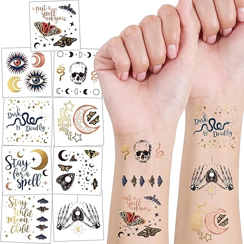 Cheerland Tatuajes bohemios de Halloween color oro rosa y negro  Fase lunar, mariposa, esqueleto, mantente salvaje, niño luna, decoraciones de
