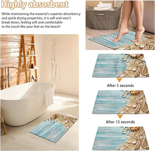 Miniatura 6 de Mogifedc Tapete de madera azul para puerta delantera, conchas y arena para interiores, antideslizante, impermeable, tapete de cocina e interior