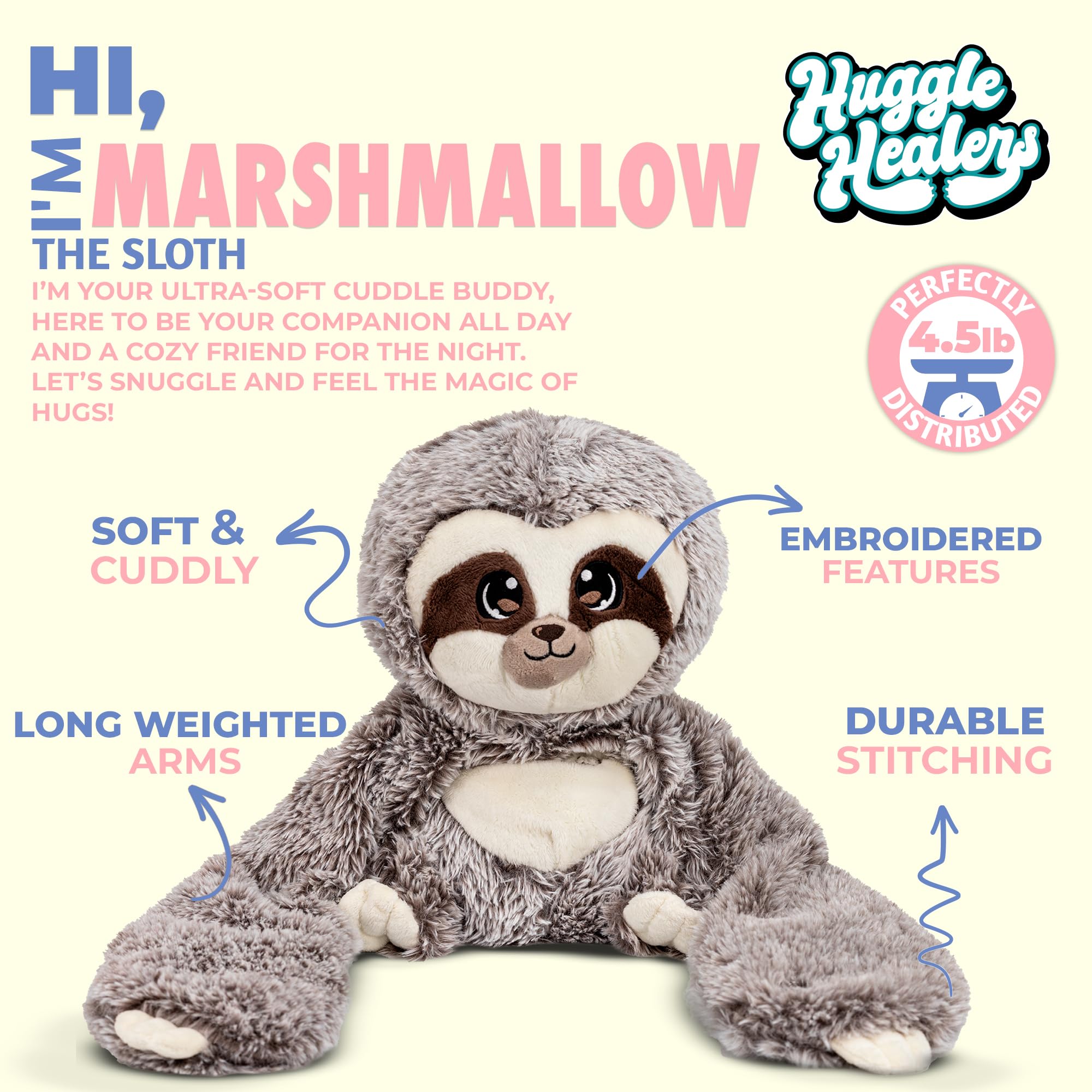 Huggle Healers Weighted Stuffed Animals for Adults, Teens and Kids - 40 Inch Long Plush Arms for Hugs - 4.5lb Sloth Stuffed Animal Plushies - Marshmallow Sloth