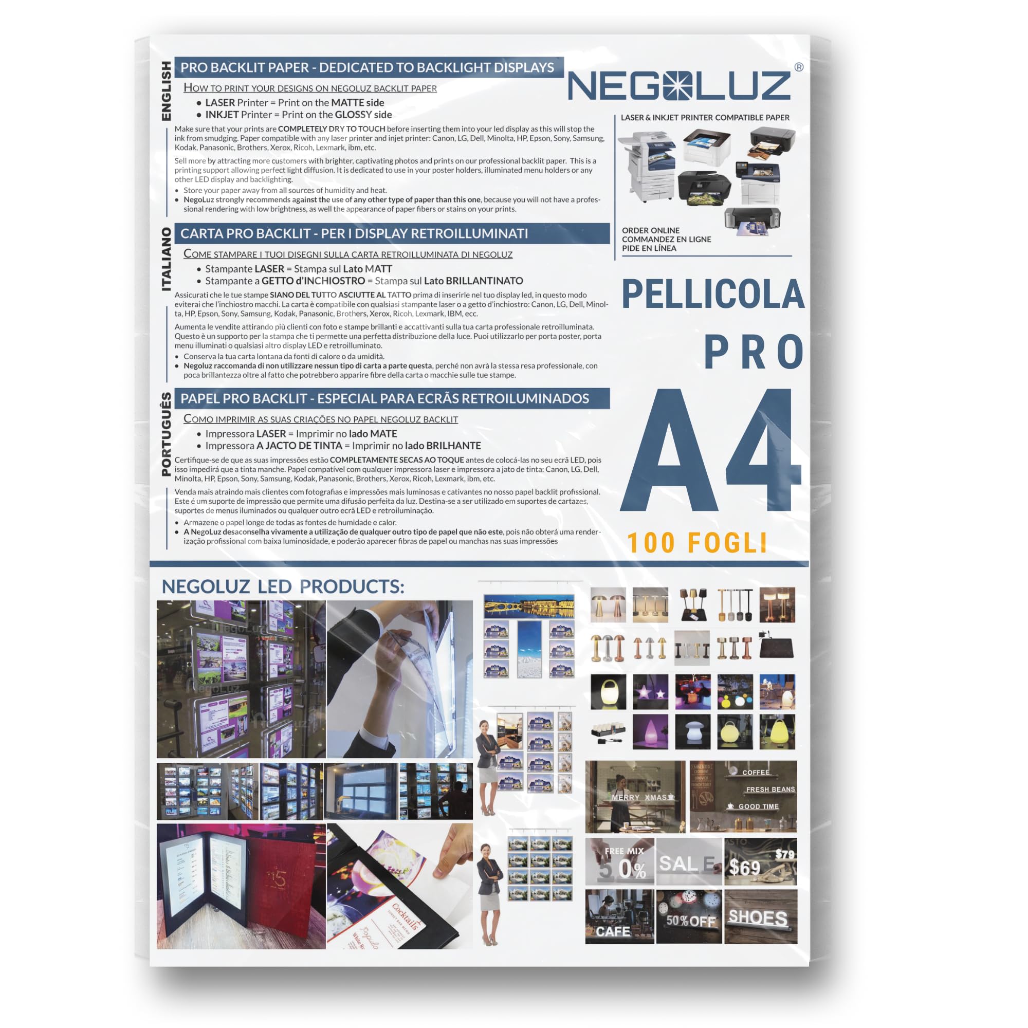 Carta Backlight A4 Retroilluminata PRO 100 Fogli per Porta Poster Vetrina LED e Porta Menu Luminoso NegoLuz