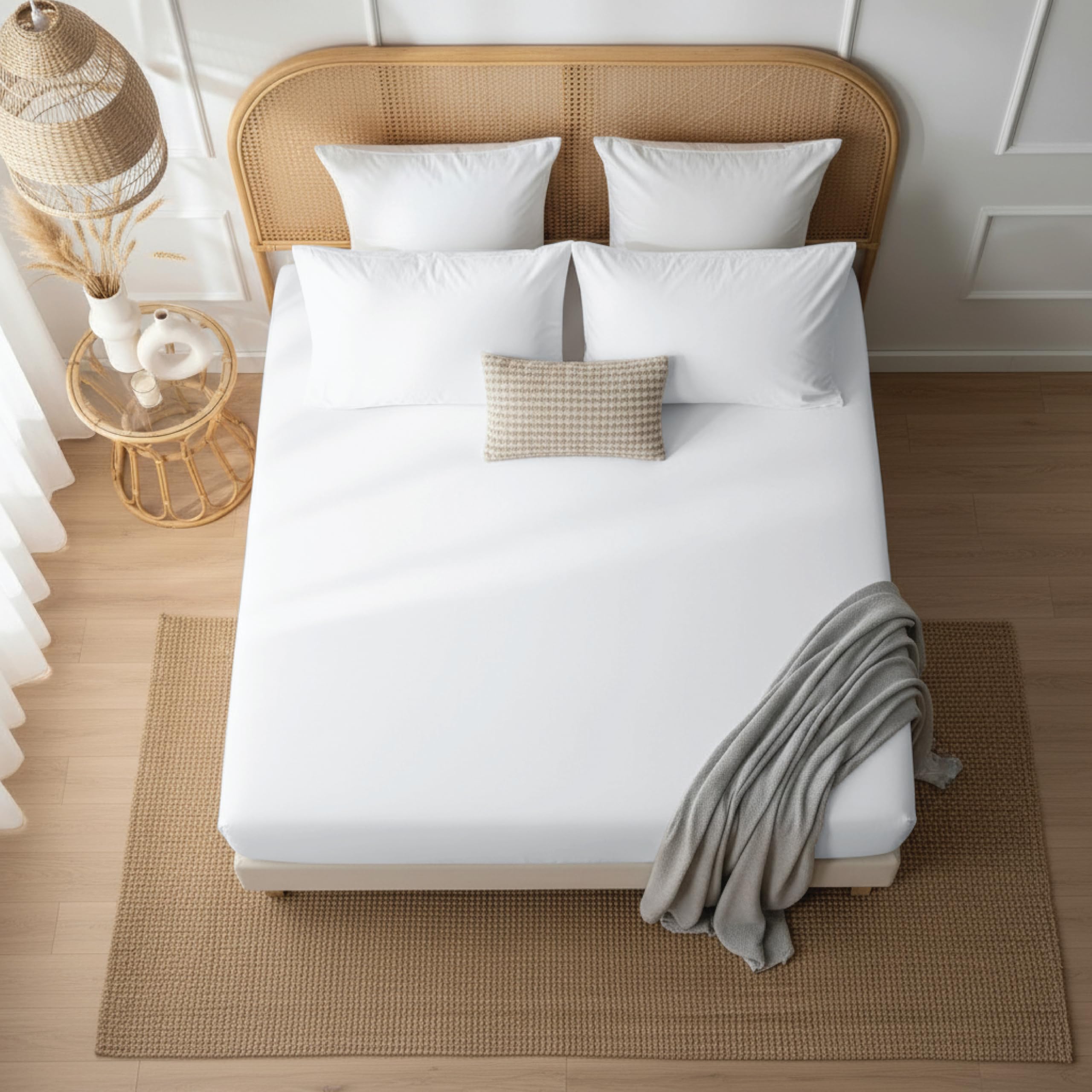 J.Din 100% Egyptian Cotton Fitted Sheet 300 Thread Count Breathable Hotel Quality Bedding 12” / 30cm Deep Pocket Bed Sheets (White, Single)