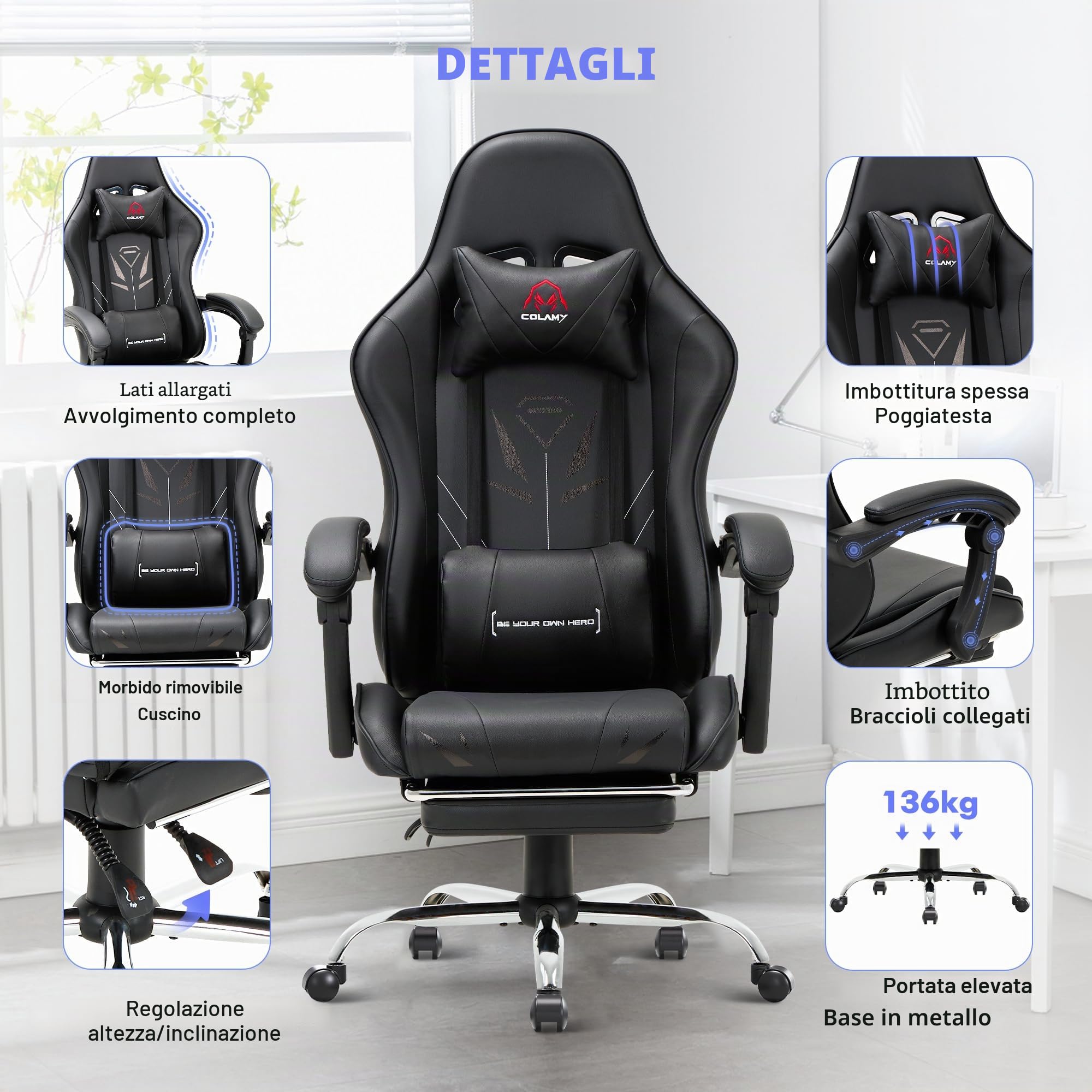 COLAMY Sedia da gaming con poggiapiedi e supporto lombare, regolabile in altezza, con seduta girevole a 360° e poggiatesta