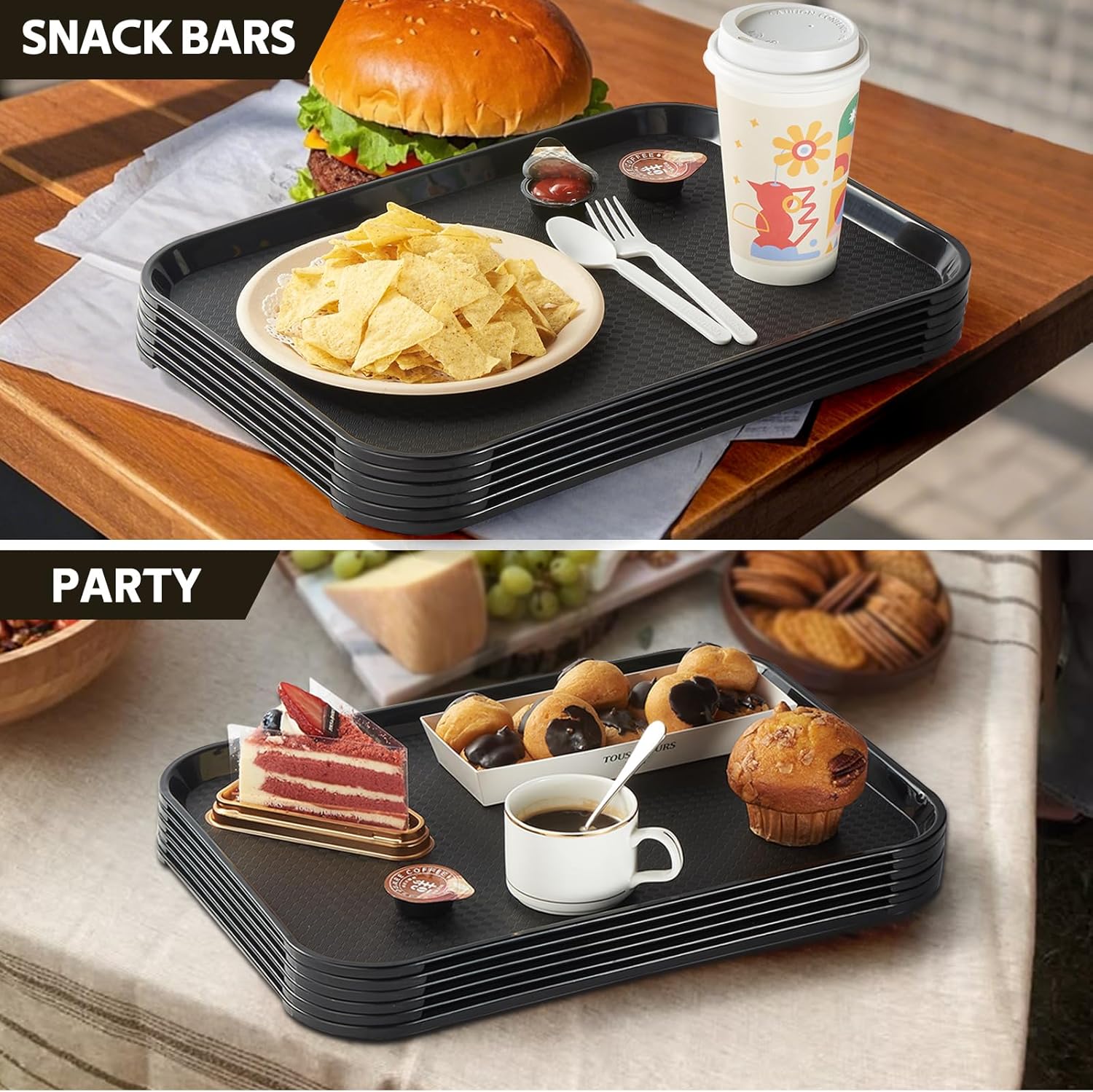 CURTA Plastic Serving Trays– Cafeteria/Fast Food Tray, for Restaurant, School Lunch, Coffee Shop & Home Use – Durable, Dishwasher Safe, Stackable, BPA-Free, 12” x 16”Set of 12 Black