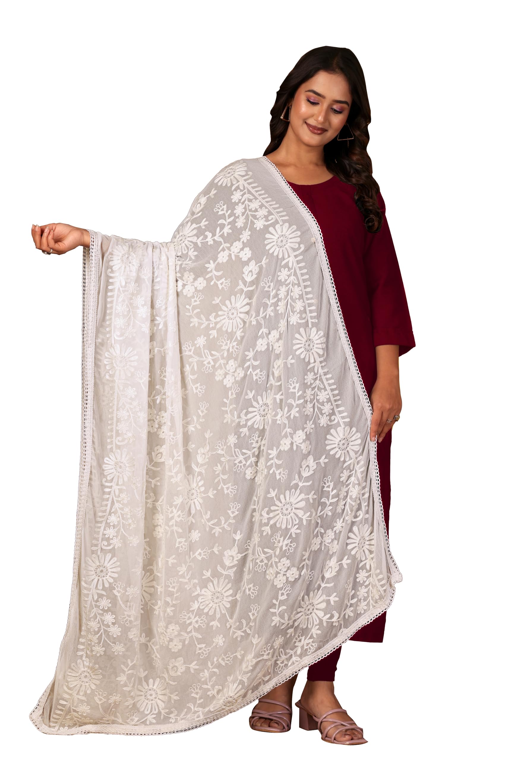 ivaara Embroidered Chiffon Dupatta For Women | Best Dupatta for Kurti, Salwar Suit & Ethnic Outfits | Festive,Wedding & Bridal Dupatta | White Chunnis for Women | White Dupatta For Women (I-ND23)-picture-54