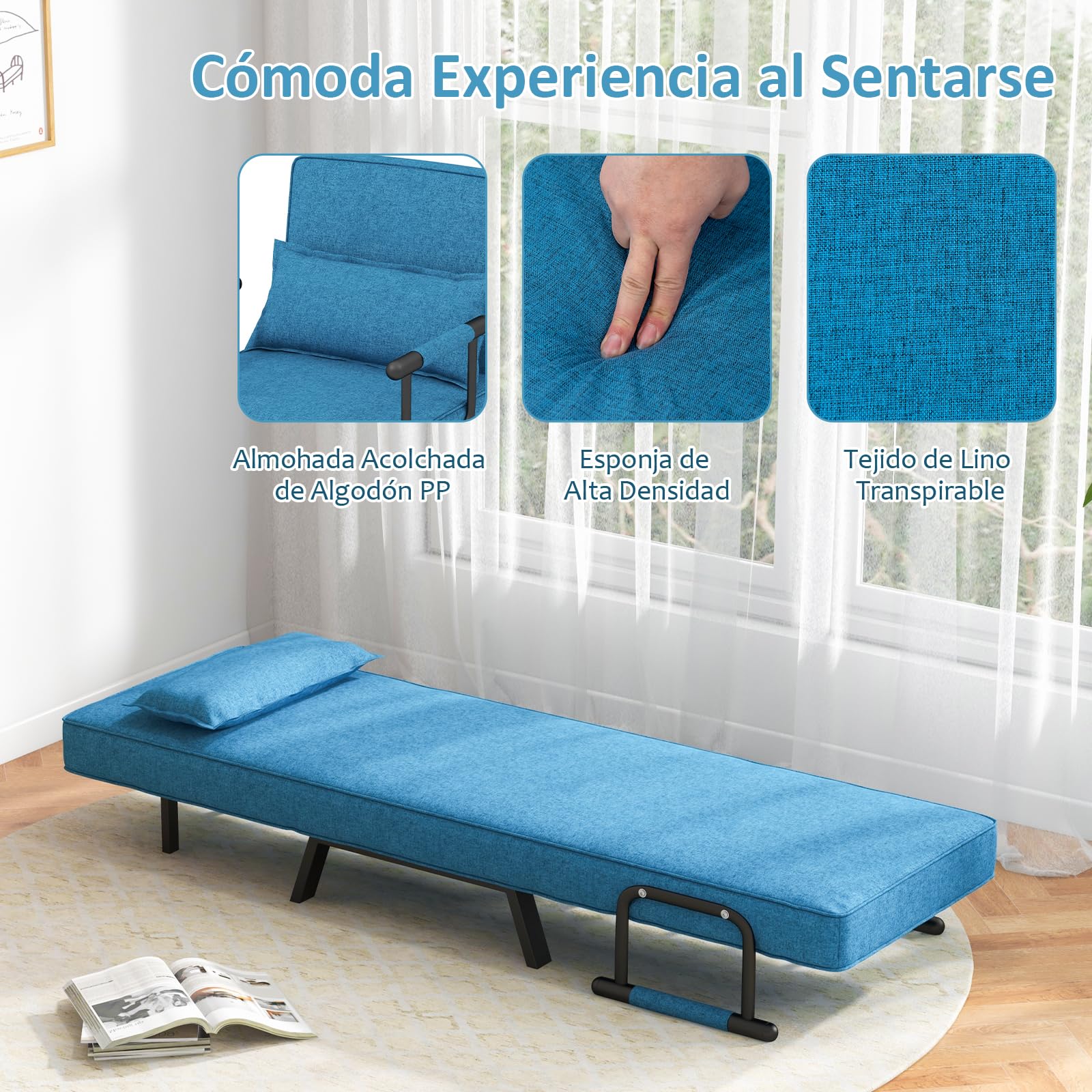 RELAX4LIFE 4 en 1 Sillón Relax Reclinable en 6 Posiciones 0-85°, Sofá Cama Plegable con Patas Ocultas y Cojín, Sillón Cama de 1 Plaza para Salón, Dormitorio y Oficina, Carga 150kg (Azul), LZ54951DE