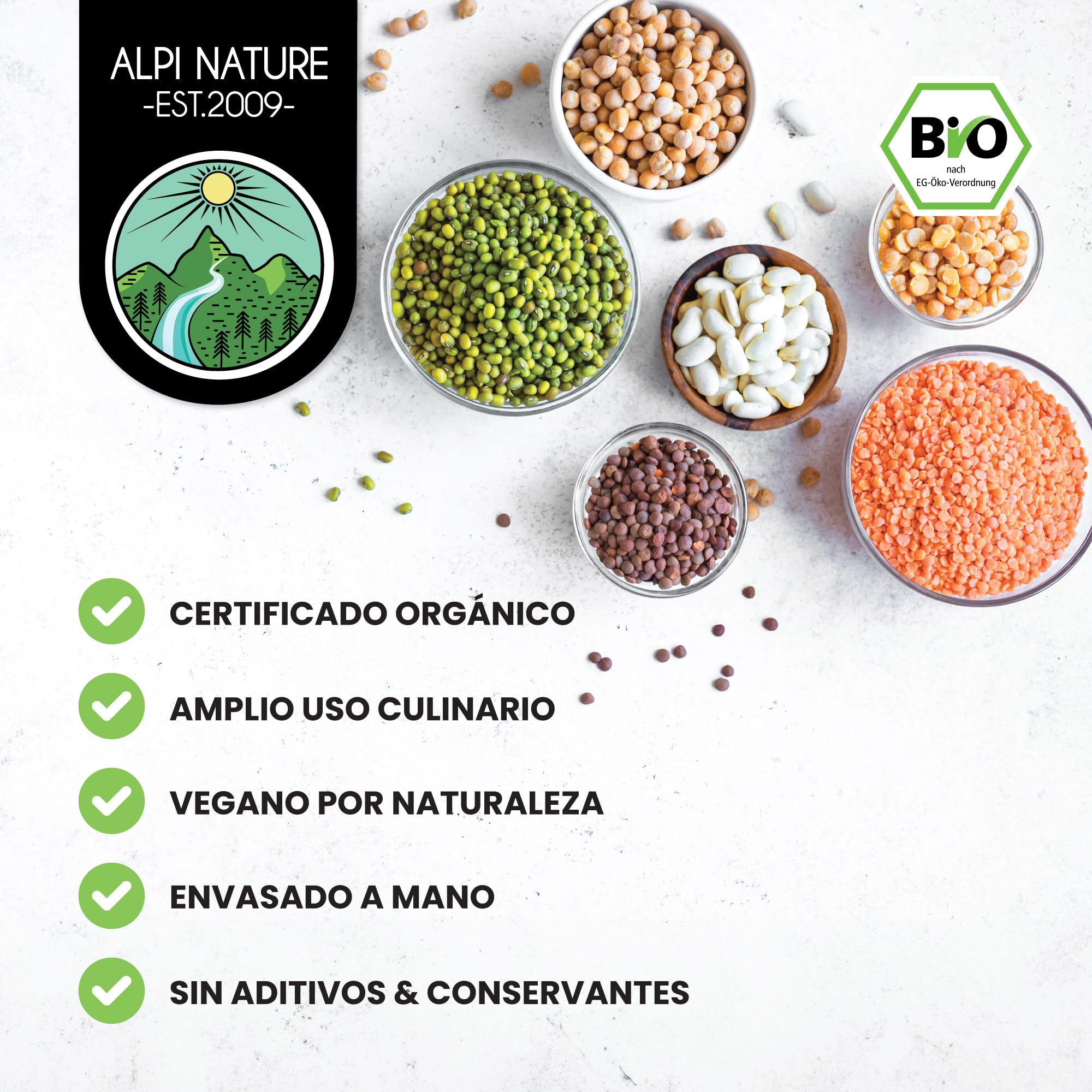 Alpi Nature Frijoles Mungo Orgánicos 500g, Frijoles Verdes Enteros sin Gluten