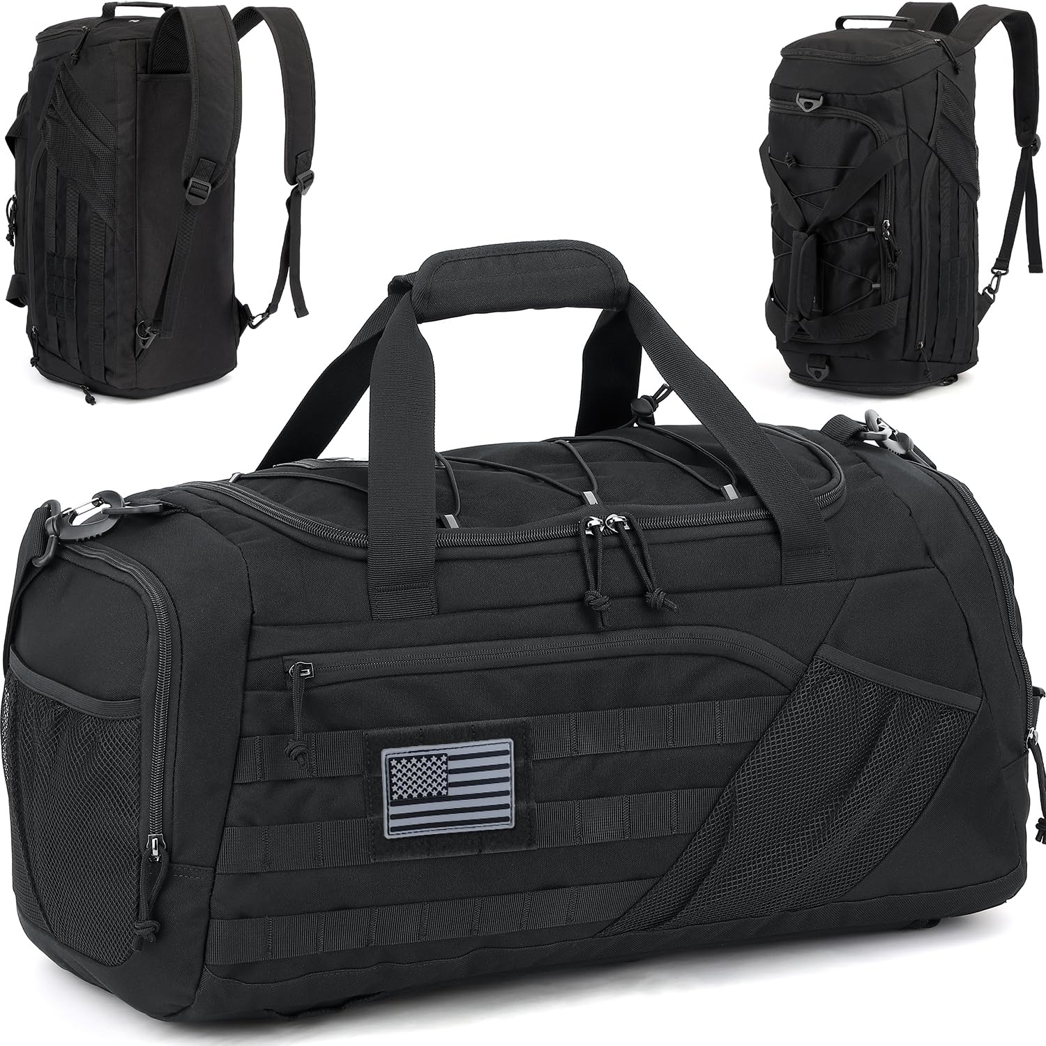 3-in-1 Tactical Gym &amp; Travel Duffle Bag Backpack Men Multi-Functional 45L Military Sports Duffle Bag with Shoe Compartment &amp; Wet Pocket for Workout Weekender Overnight Bag with Molle Webbing, Black