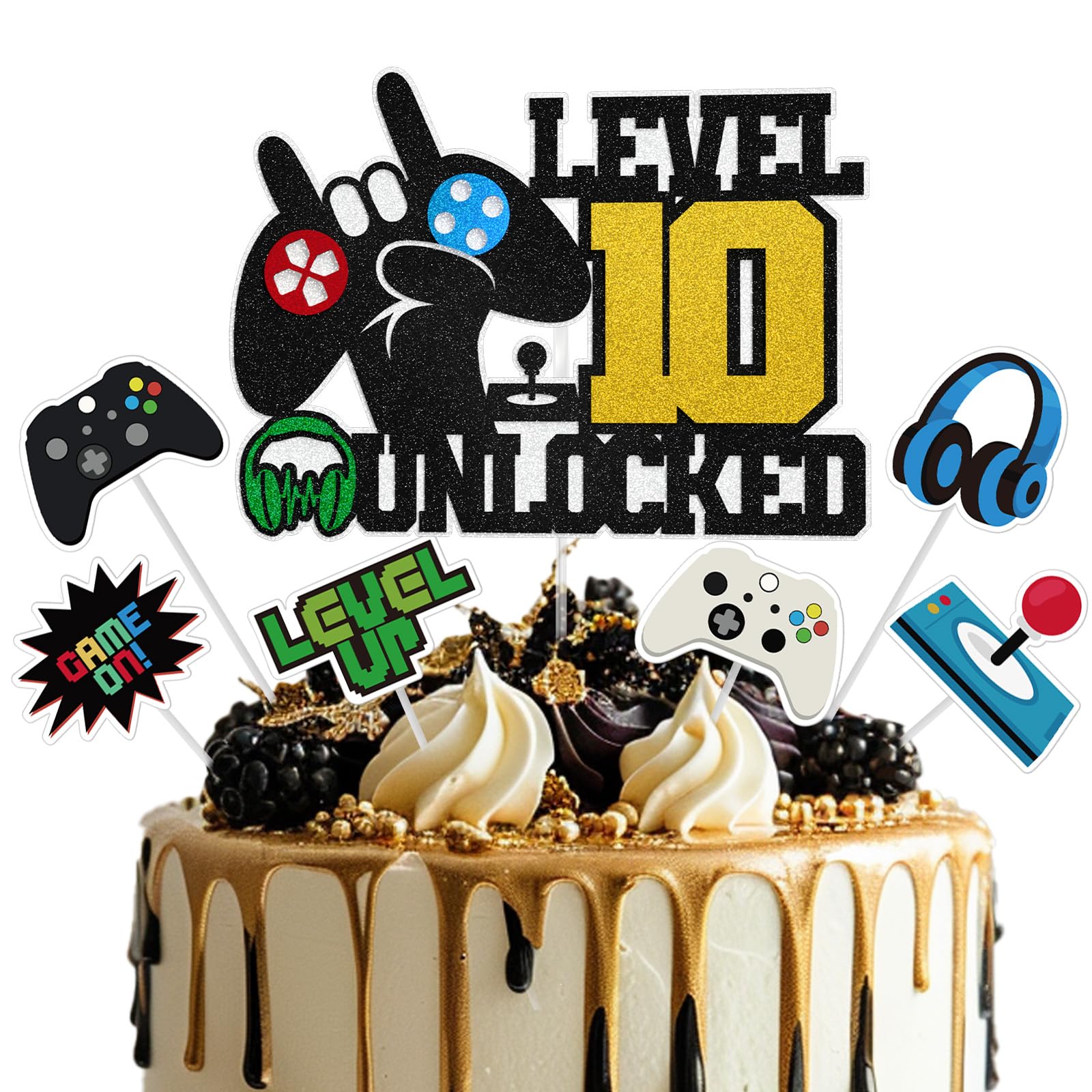 Video Game Cake Topper, Level 10 Unlocked Cake Topper, 10 Years Old Game Party Decorations for Boys Girls, Video Game Controller Themed Birthday Party