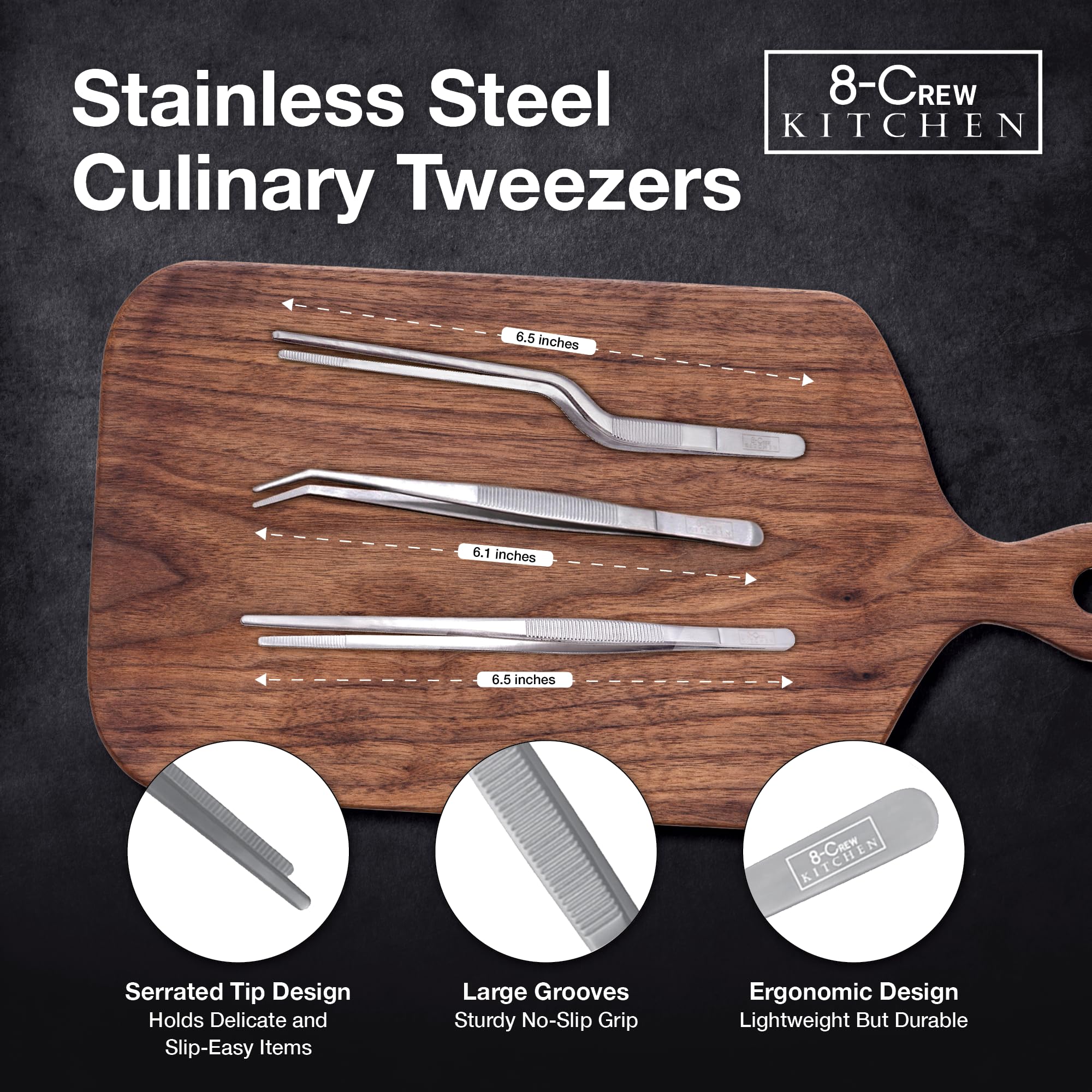 Pinças Culinárias 8-CREW KITCHEN - Conjunto Com 3 Para Decoração E Chapeamento