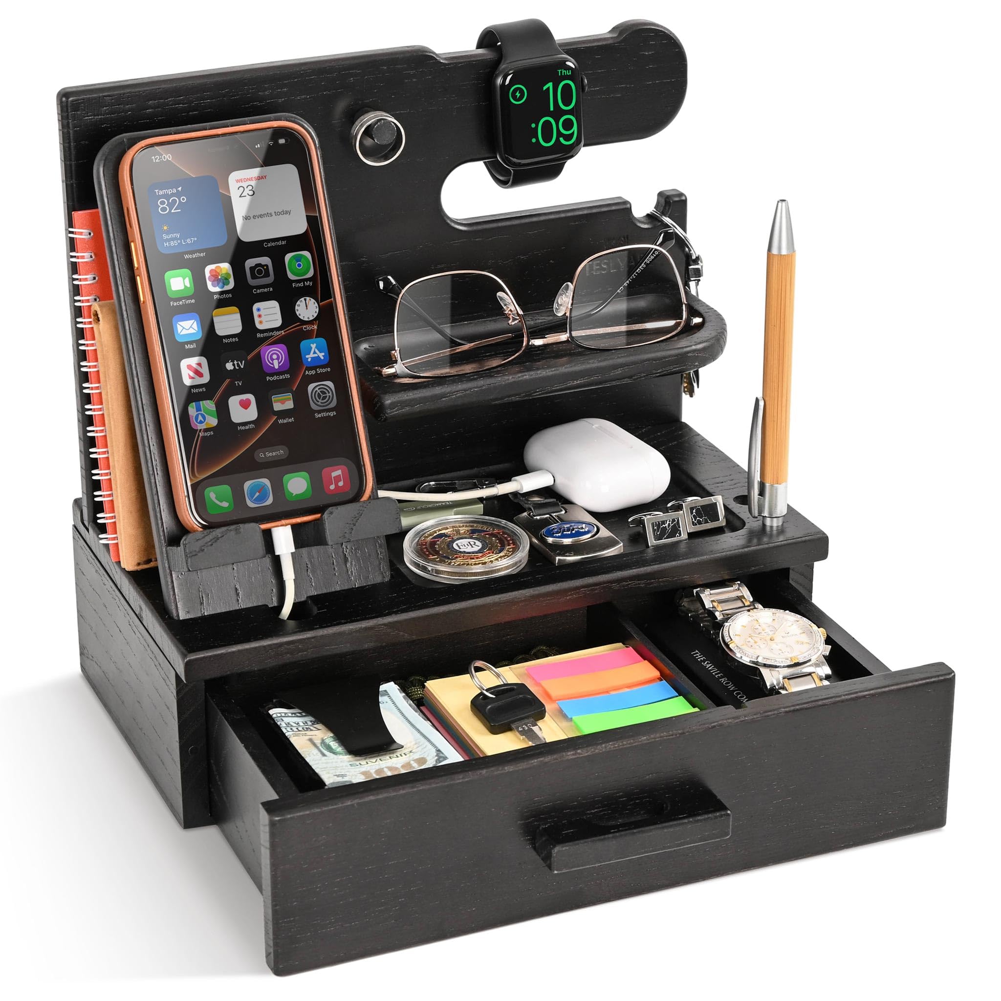 TESLYAR Docking station per telefono in legno con cassetto, organizer da comodino, organizzatore da scrivania per marito, regalo di compleanno per uomini, papà, idea di compleanno, portachiavi