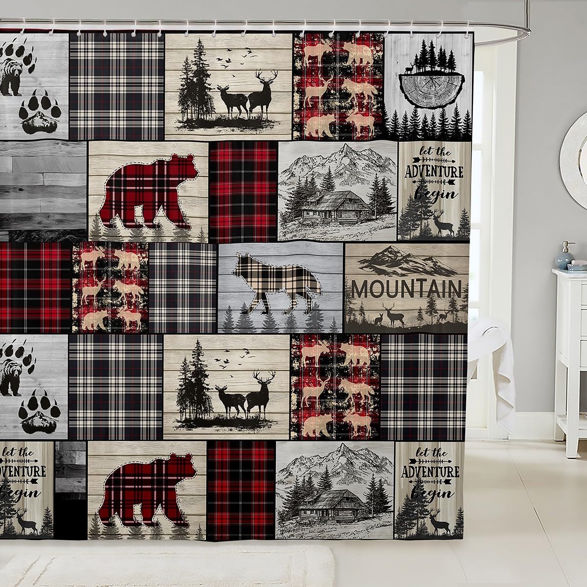 Rustic Cabin Shower Curtain 72"Wx78"L Woodland Wolf Deer Bear Bathroom Curtain For Bathtub Red Black Buffalo Plaid Bath Curtain Wildlife Camping Lodge Mountain Southwestern Farmhouse Bathroom Decor