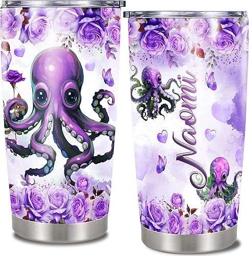 Dorris Vaso de pulpo personalizado aislado con tapa, nombre personalizado, taza de café de viaje morada, tazas térmicas, regalo novedoso para