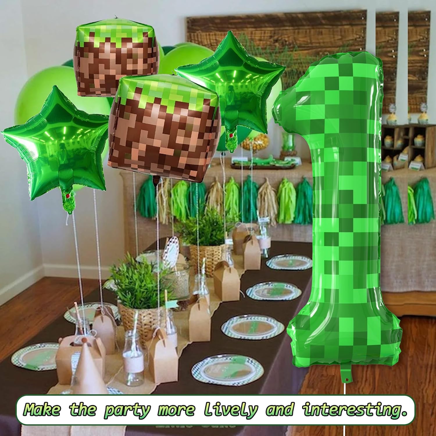 Green Pixel Miner Number Balloon Set, 5Pcs Mining Balloons Theme Birthday Party Decorations 40 Inch Green Number 1 Balloon, Pixel Cube Balloons and Star Balloons for Kids Anniversary Party Supplies