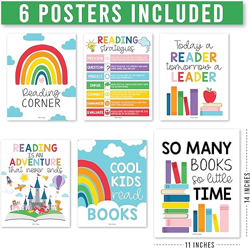 Miniatura 4 de Hadley Designs Pósteres de lectura motivacionales para aula primaria  6 estrategias de lectura para aula, decoración de biblioteca escolar de