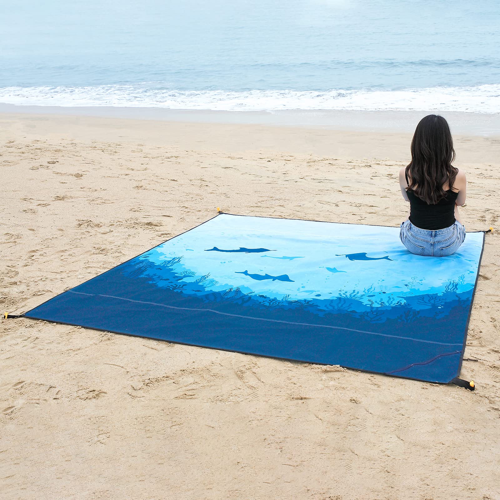 DEWUR Koc plażowy XXL, odporny na piasek, wodoszczelny, mata plażowa, koc piknikowy, duży na urlop, plażę, kemping, podróż (210 x 200 cm, morskie ryby)