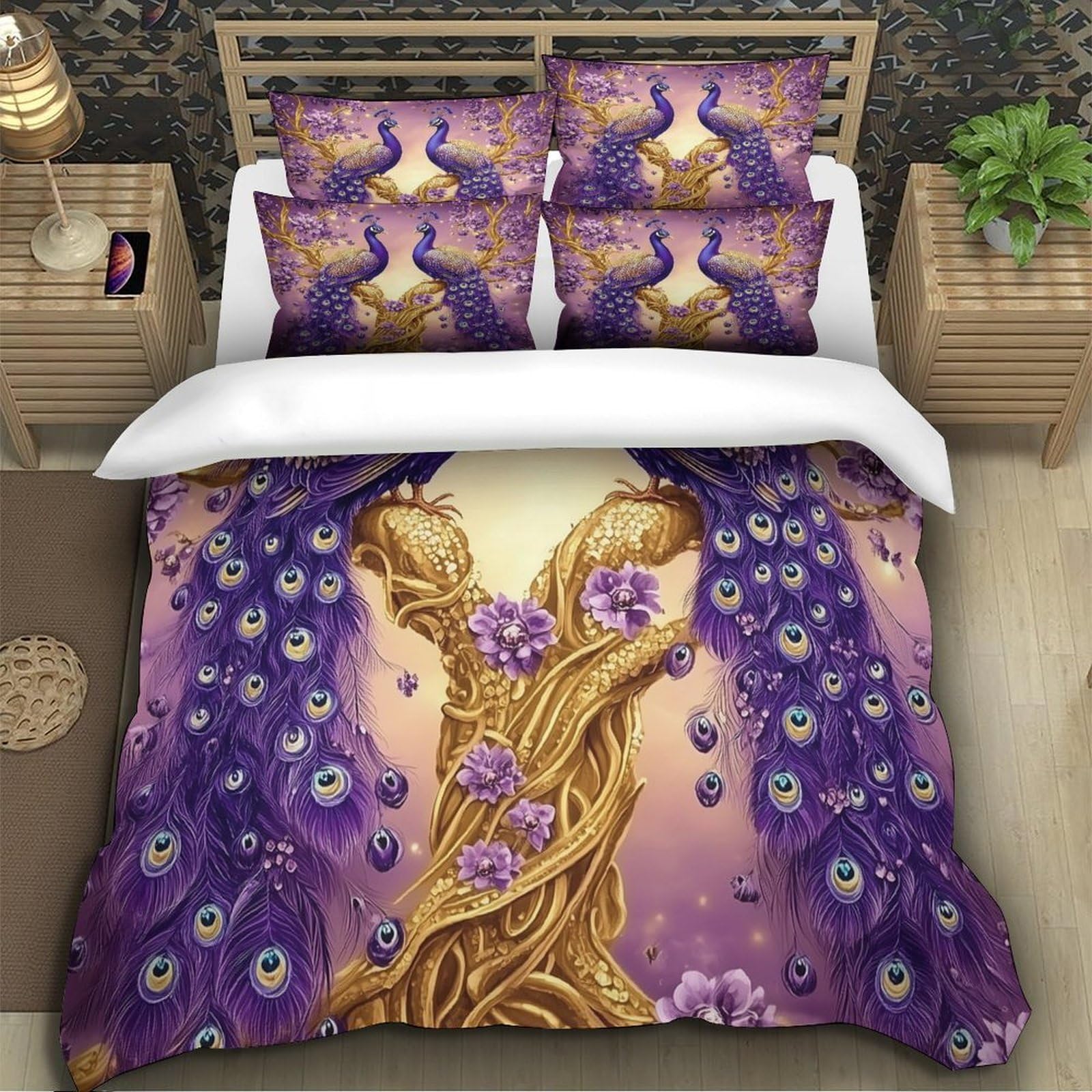 Purple Peacocks Set Di Copripiumino morbida microfibra 3 Pezzi stampa 3D con federa Fantasia Set Di Copripiumino cerniera ariosa morbido for ragazze King（220x240cm）