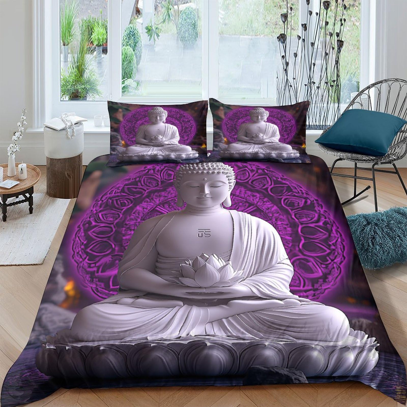 GPLZQXKJNH 3D Printed Buddha Meditation Duvet Cover Microfiber Soft Breathable Purple Mandala Bedding Set with 2 Pillowcases for Bedroom Decor Single（135x200cm）