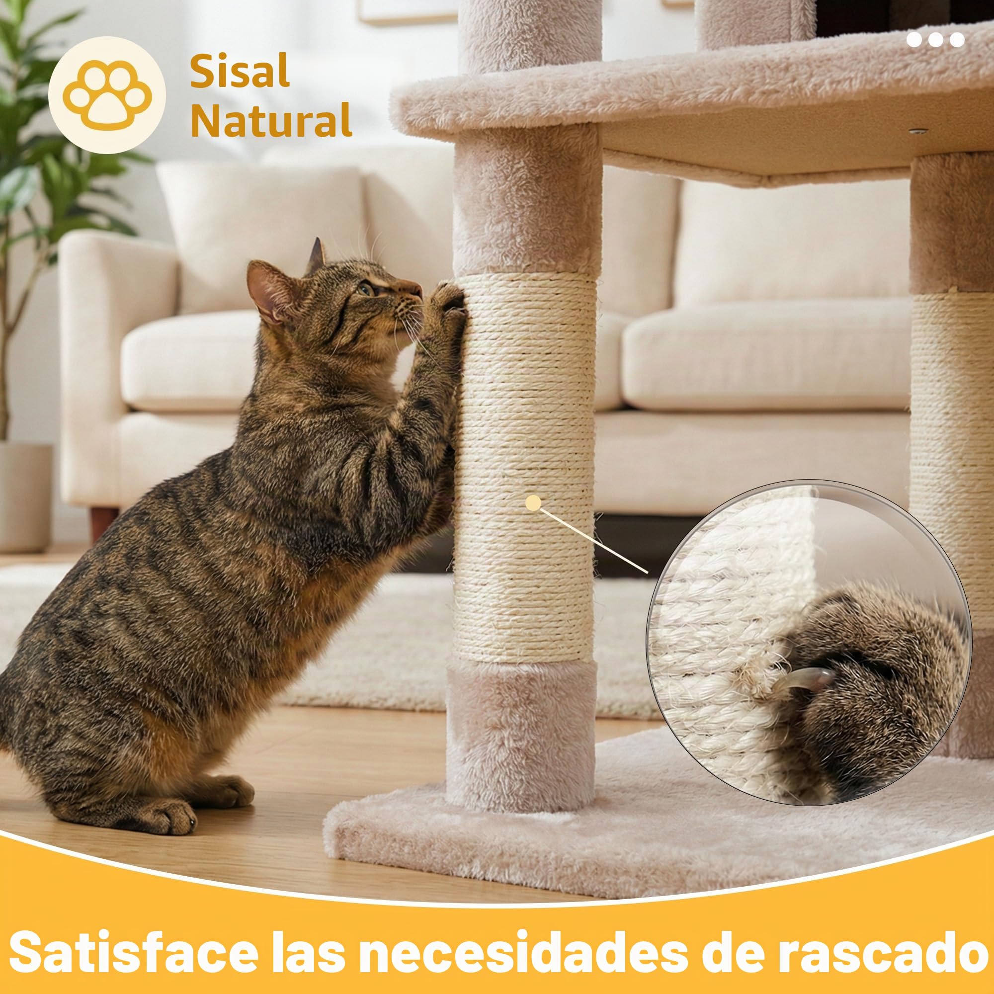 Hey-brother Árbol rascador para gatos de 111 cm con juguete, rascador con plataforma, hamaca y troncos de sisal, marrón beige EMPJ004SMU-N