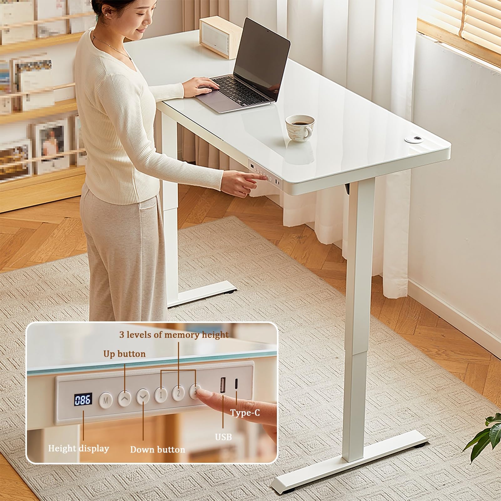 Scrivania Regolabile In Altezza, Scrivania Per Lavorare In Piedi Con Piano In Vetro Temperato, Scrivania Per Computer Con Gestione Dei Cavi, Scrivania Regolabile Per Ufficio D.White-100x60cm/39.3x23.
