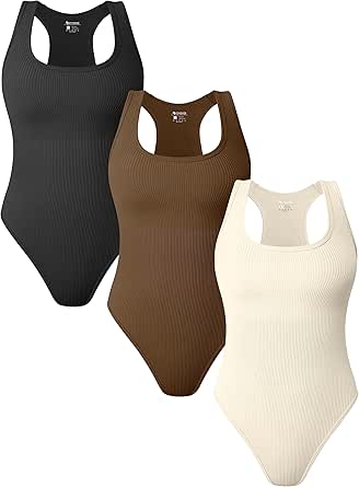 OQQ Women's 3 Piece Bodysuits Sexy Ribbed Sleeveless Racerback Tank Tops Bodysuits