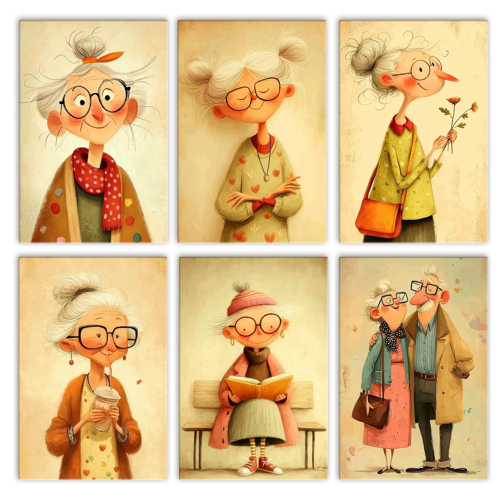 Walarky Old Lady Gentleman Drawing Paint by Number Adults Set of 6 Granny Grandfather Reading Drinking Digital Oil Painting Frameless