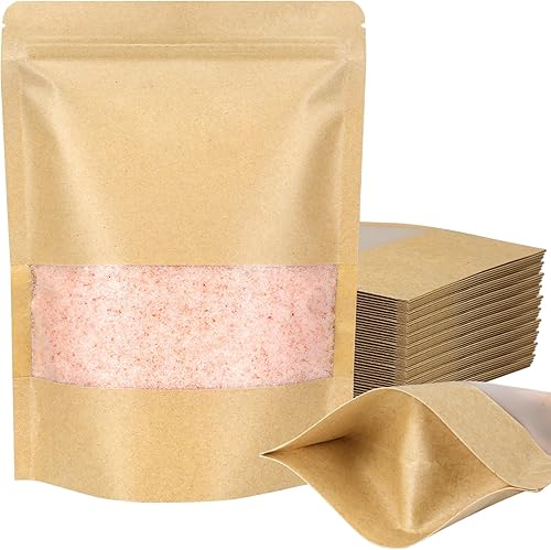 Blisstime Bolsas de pie, paquete de 50 bolsas de papel kraft con cierre de cremallera con ventana mate y muesca de desgarro, bolsas resellables para Blisstime Bolsas de pie, paquete de 50 bolsas de papel kraft con cierre de cremallera con ventana mate y muesca de desgarro, bolsas resellables para