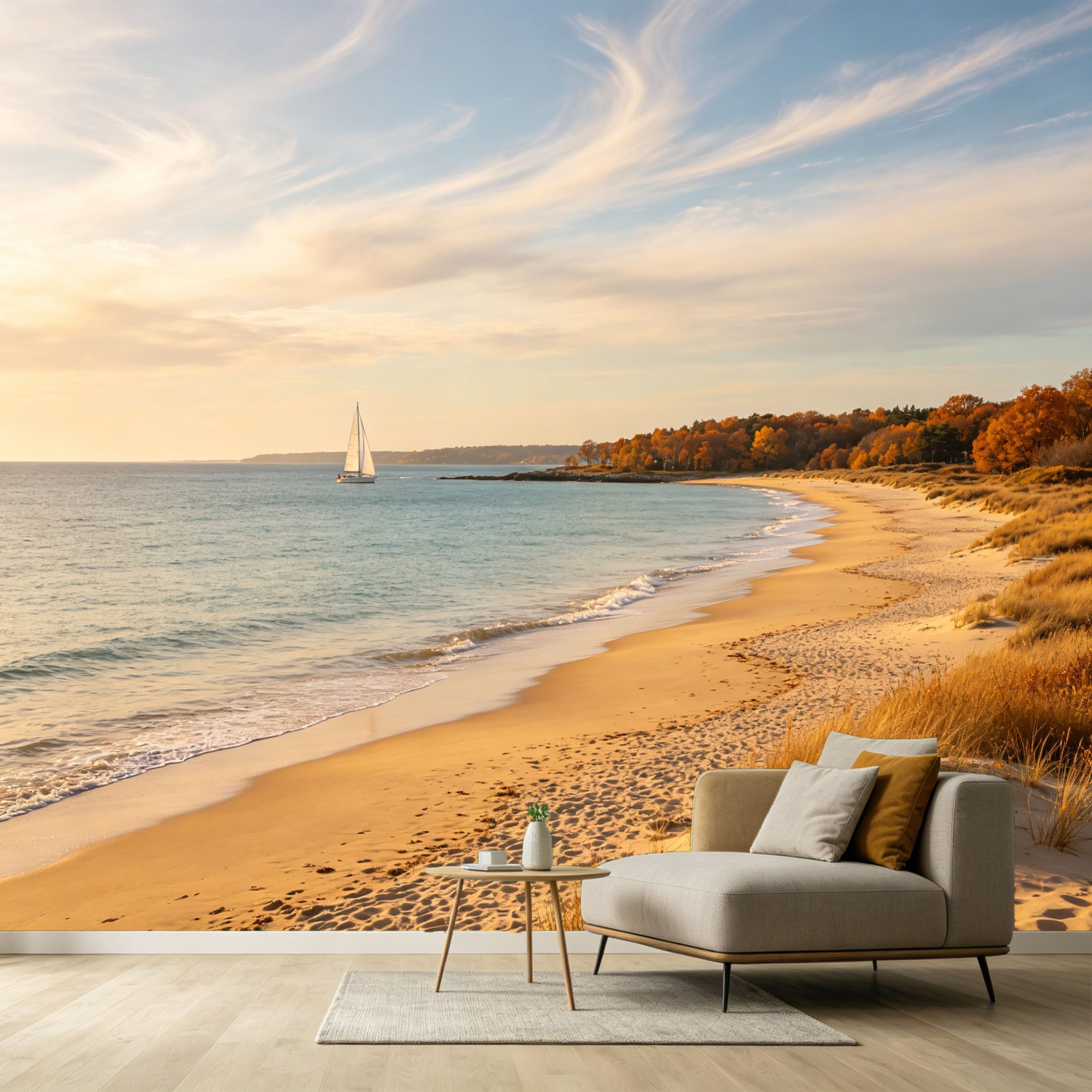 Custom Size Wall Murals Coastal Landscape Sailboat Ocean Shore SelfAdhesive Wall Fabric Removable Large Wallpaper for Photo Living Room Interior Wall Decor Mural Art