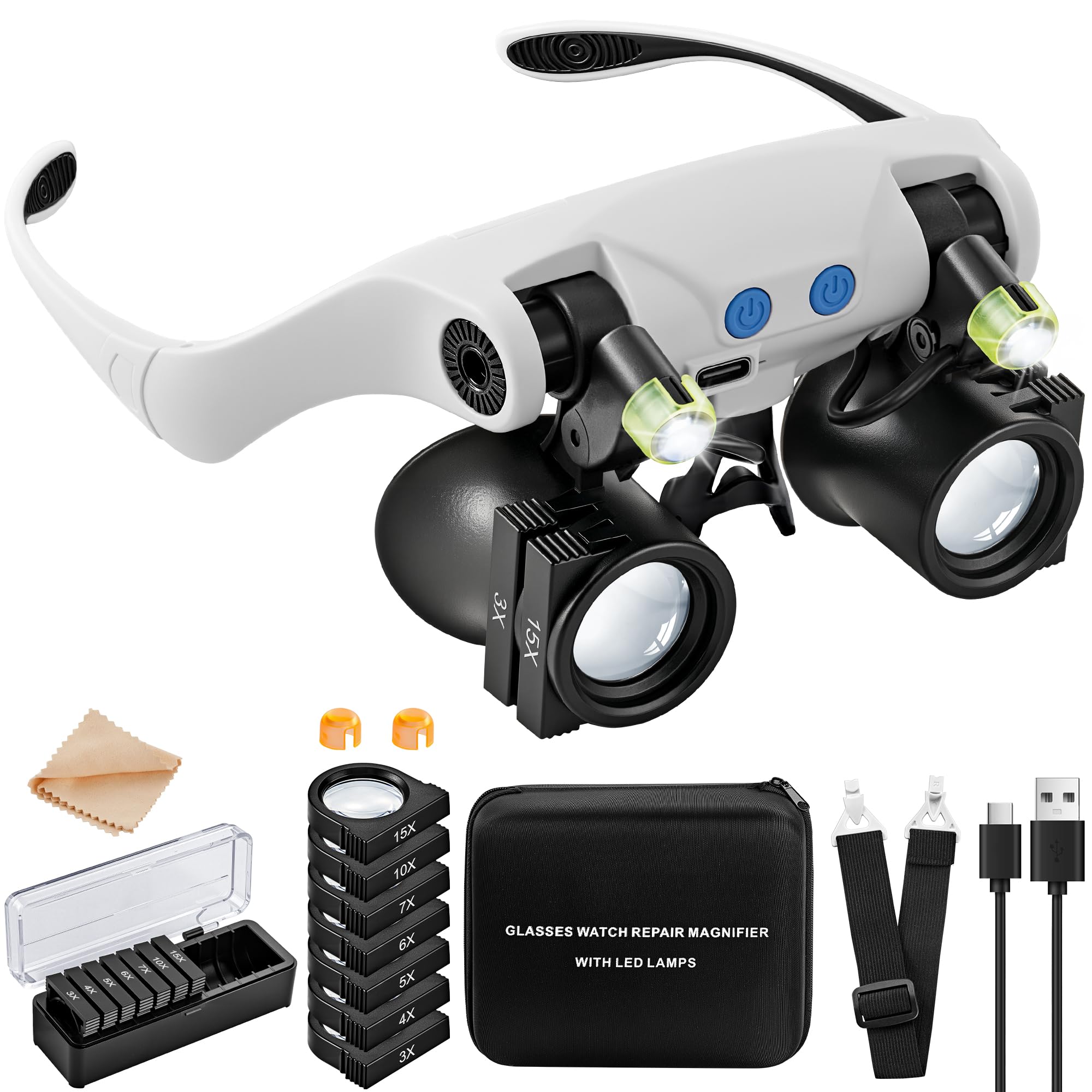 Photo 1 of JARLINK Magnifying Glasses with LED Light, Hands Free Magnifier with 14 Interchangeable Lenses 3X 4X 5X 6X 7X 10X 15X, Magnifying Glasses for Close Work, Crafts, Jewelry, Electronics Repair