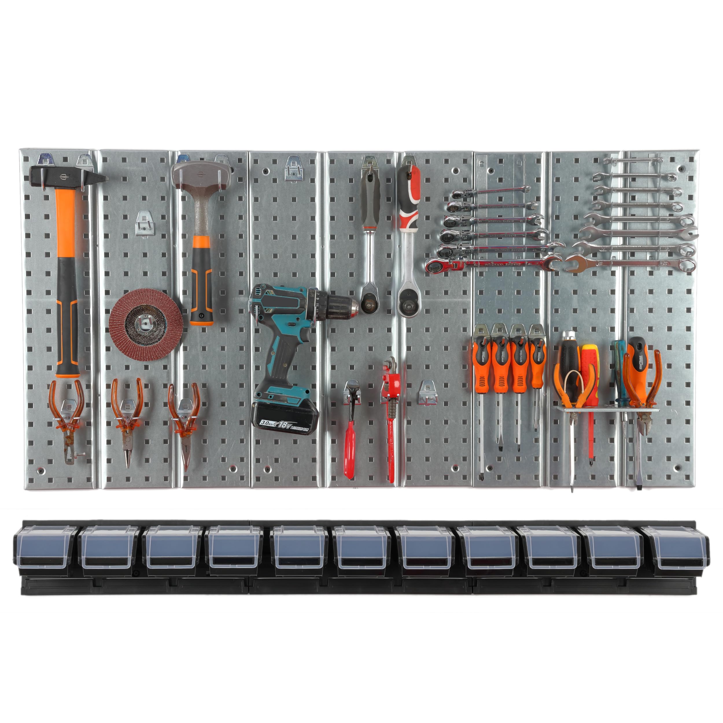 Panel de herramientas de metal 117 x 72 cm, sistema de almacenamiento con portaherramientas, ganchos para herramientas y 11 cajas apilables, 100 x 150 x 70 mm, color: negro, tablero perforado para