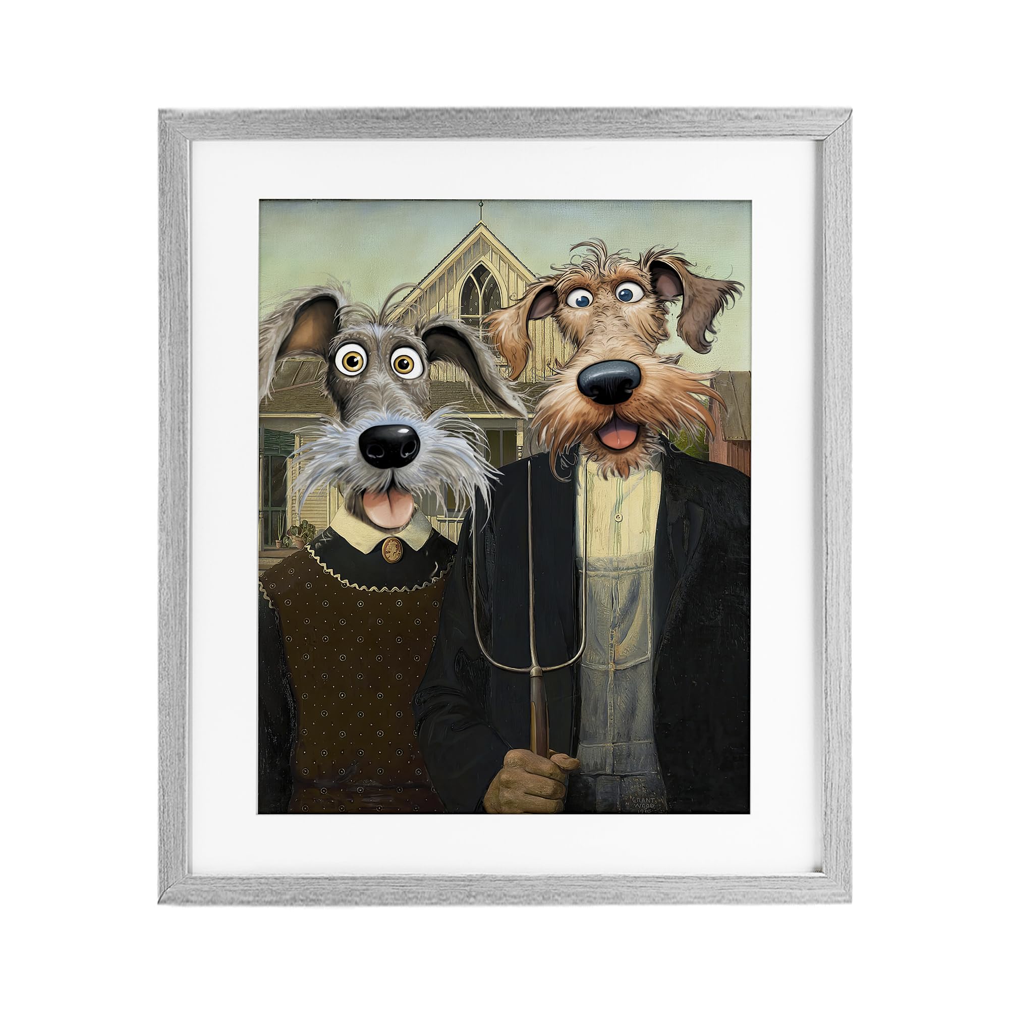 Stupell Industries Farmhouse Gray (Textured) 'American Gothic Pups', Framed Print Under Glass, Gray, 17 X 21 Inches, Easy To Hang And Sturdy, Made In Usa, By Tina Lecour