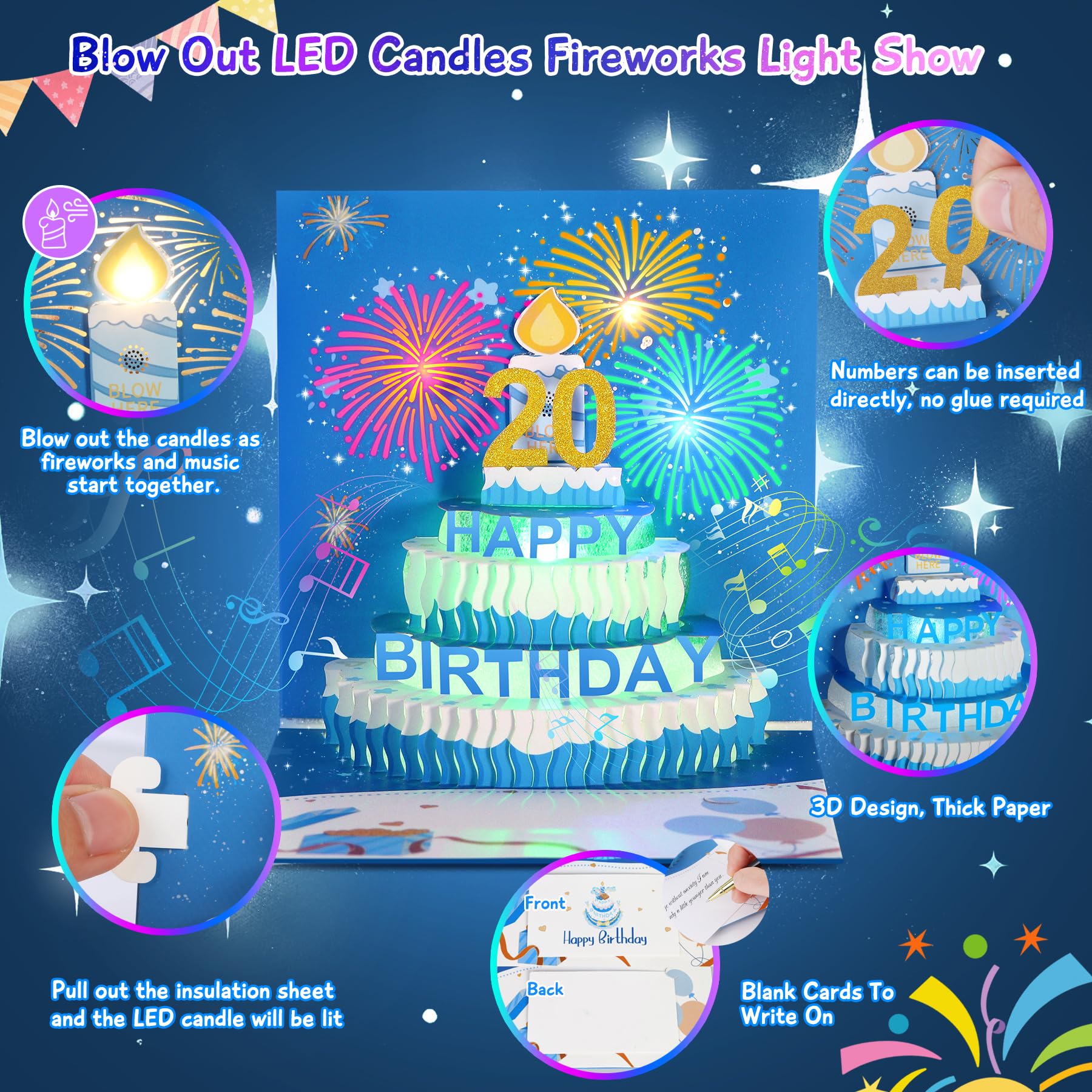 Biglietto Di Auguri Pop-up 3D BEAN LIEVE Con Torta, Luci LED, Musica E Fuochi D'artificio Interattivi, Per Compleanno Donna/uomo