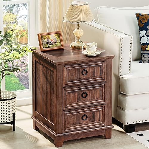 Miniatura 100 de Juego de 2 mesitas de noche estilo granja de 18" con estación de carga, cómoda con mesa auxiliar de 2 cajones para dormitorio, mesita de noche de