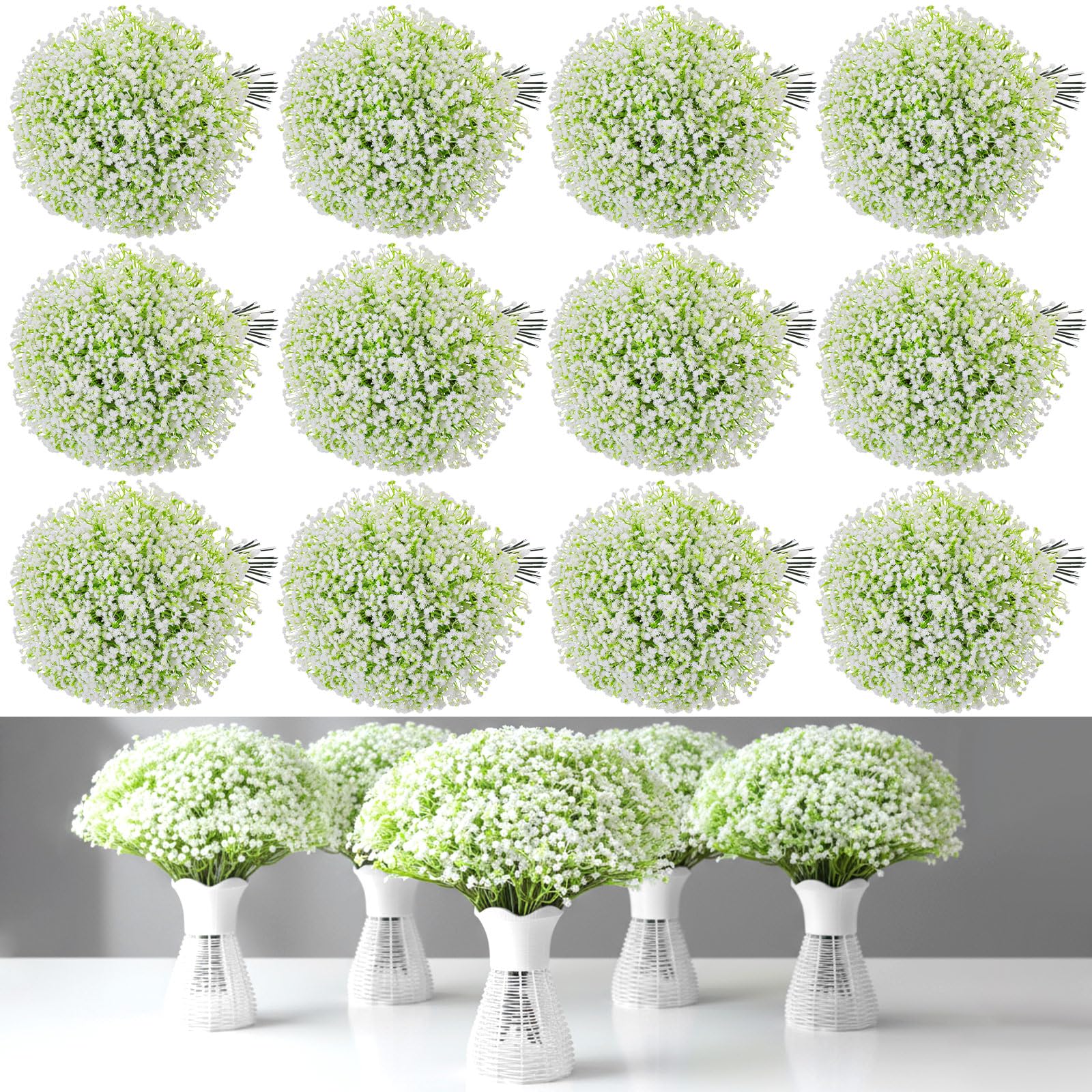 Leinuosen Künstliche Blumen in Rattan-Vase, 12-teiliges Set, Schleierkraut, künstliche Blumen, Großpackung mit 12 weißen Blumenvasen, Korb für Hochzeit, Party, Zuhause, Garten, Tischdekoration, 12