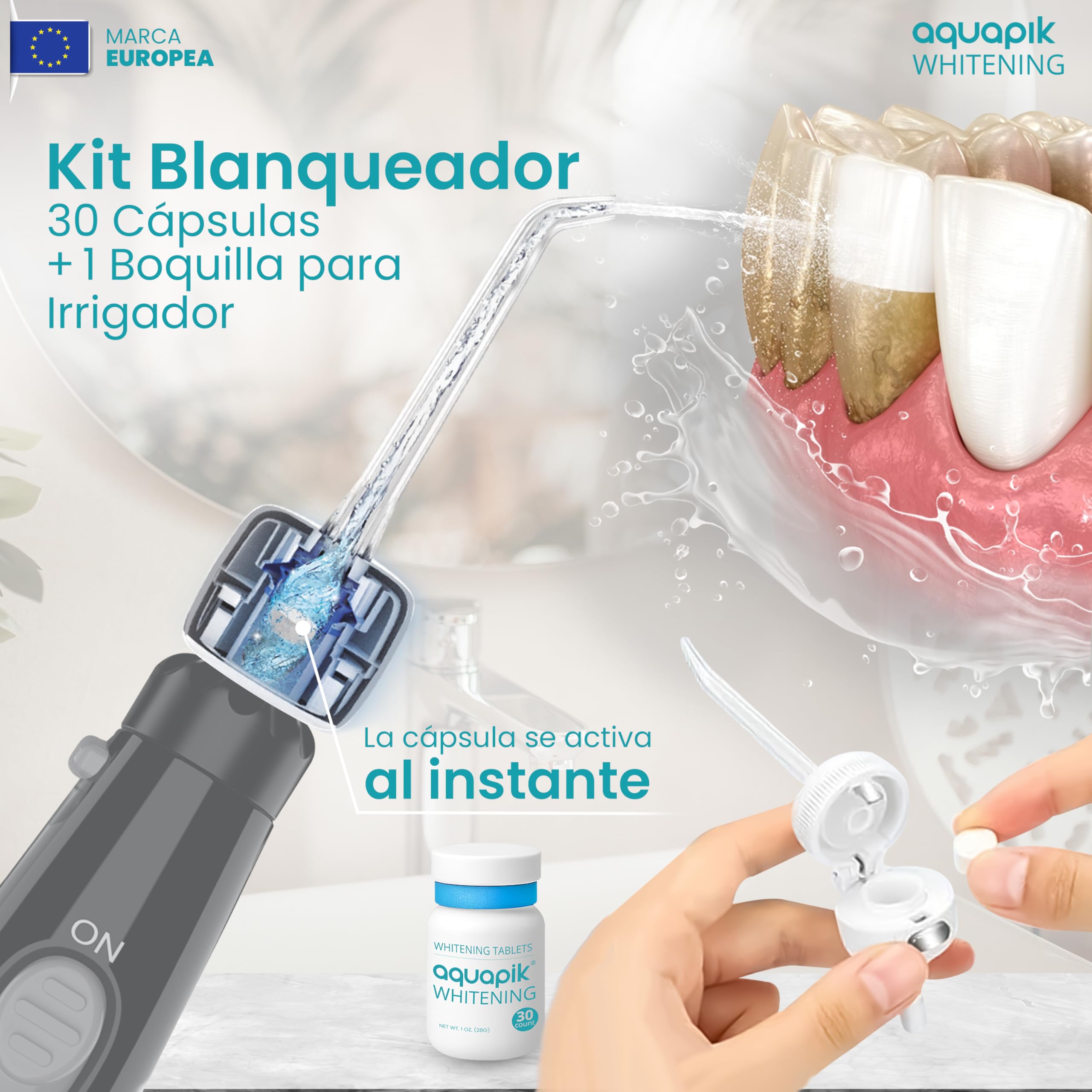 Aquapik® ADVANCED irygator do jamy ustnej, idealny do ortodoncji, implantów i wrażliwych dziąseł, zestaw wybielający + 8 ust, 10 poziomów ciśnienia, zalecany przez dentystów (szary)
