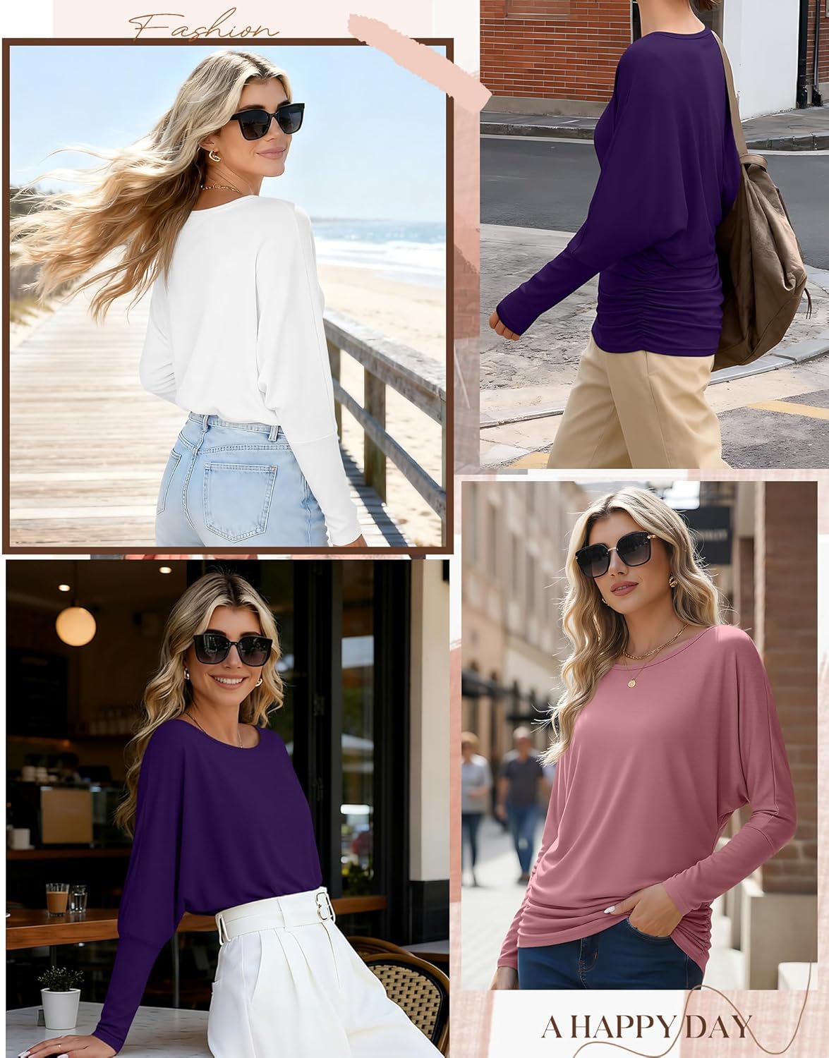 3 Pack Women's Dolman Sleeve Tops Casual Long Sleeve Flowy Side Ruched Shirts Round Neck Bat Wing Draped Basic Tee - Image 3