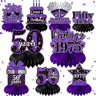 9Pcs Purple 50th Birthday Decorations Purple Black Silver 50th Birthday Honeycomb Centerpieces for Tables Decorations Vintage 1975 Centerpieces Cheers to 50 Years Decor for Women Men Birthday Party