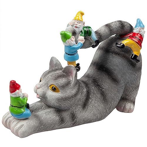 Adorable Cat with Gnomes Garden Statue, Hand-Painted Resin Outdoor Decor
