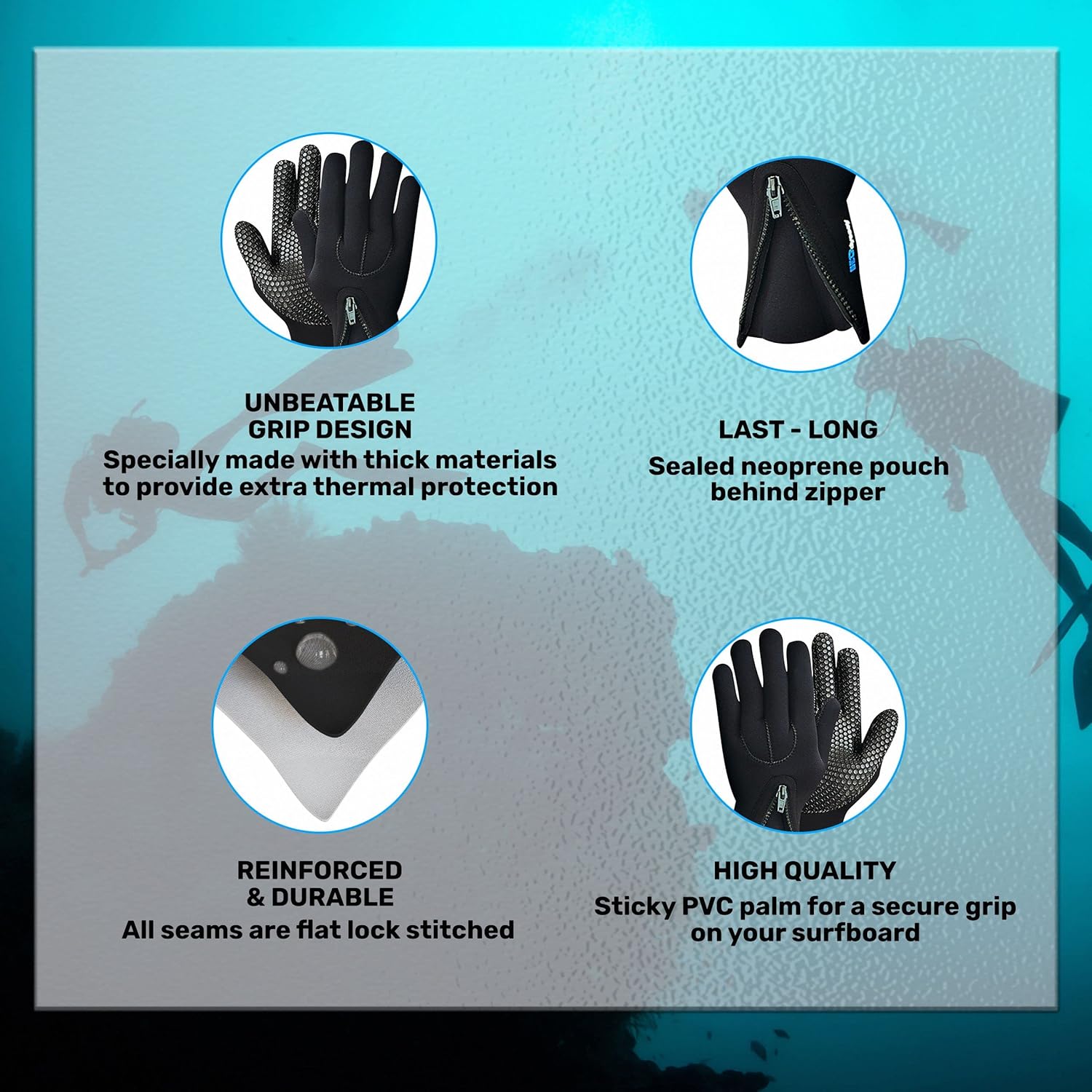 H2ODYSSEY UltraZip Five Finger Glove - Diving, Swimming and Surfing - Five Finger Water Glove for Men and Women