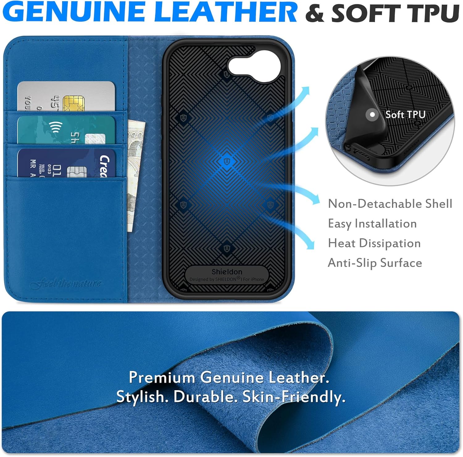 SHIELDON Wallet Case for iPhone 17e/16e 6.1", Genuine Leather Flip RFID Blocking Credit Card Slot Kickstand Magnetic Shockproof TPU Phone Holder Cover Compatible with iPhone 16e 2025 - Sapphire Blue