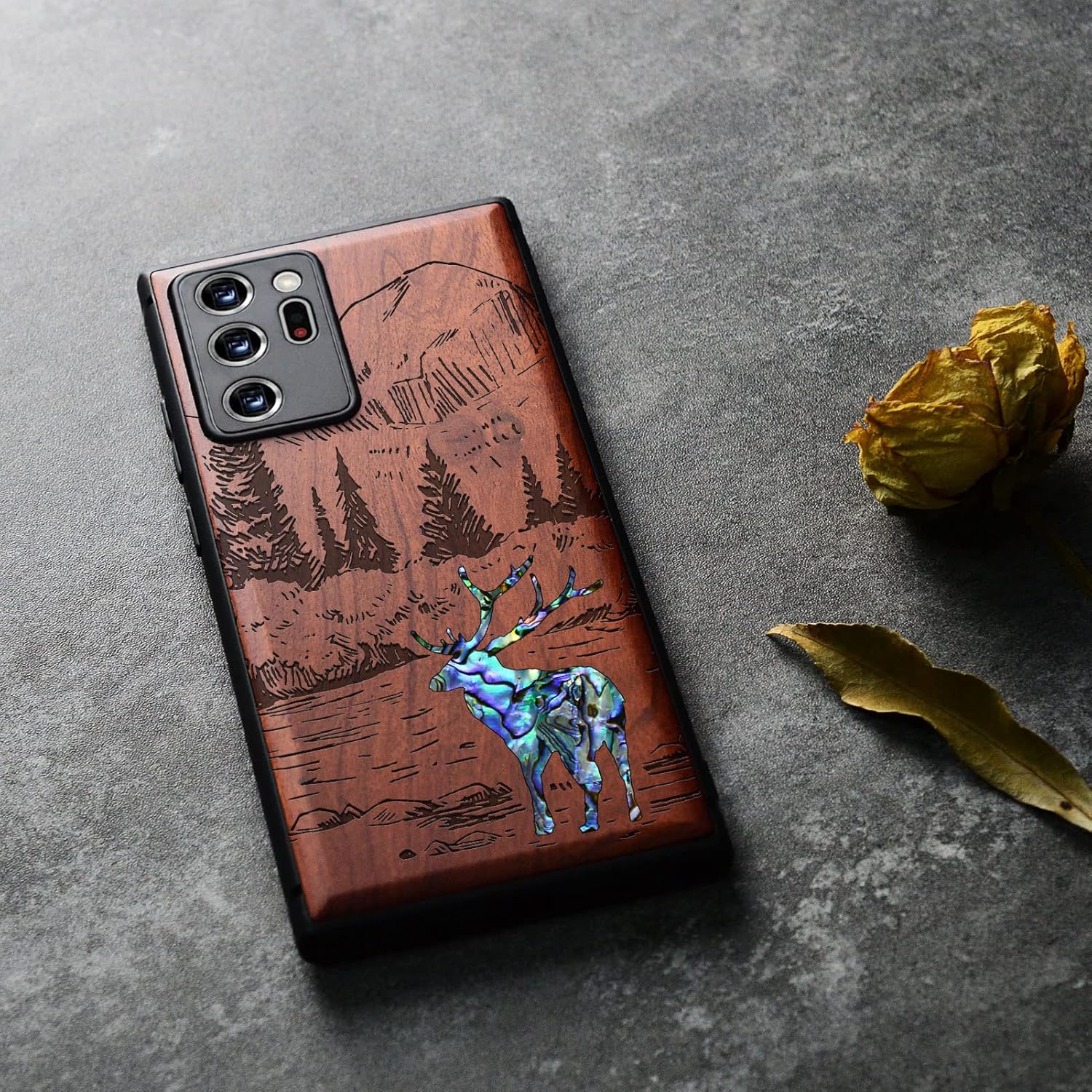 Carveit Designer Wooden Case for Samsung Galaxy Note20 Ultra Case Cover [Wood Engraving & Shell Inlay] Compatible with Wireless Chargers Galaxy Note20 Ultra (Forest Deer)
