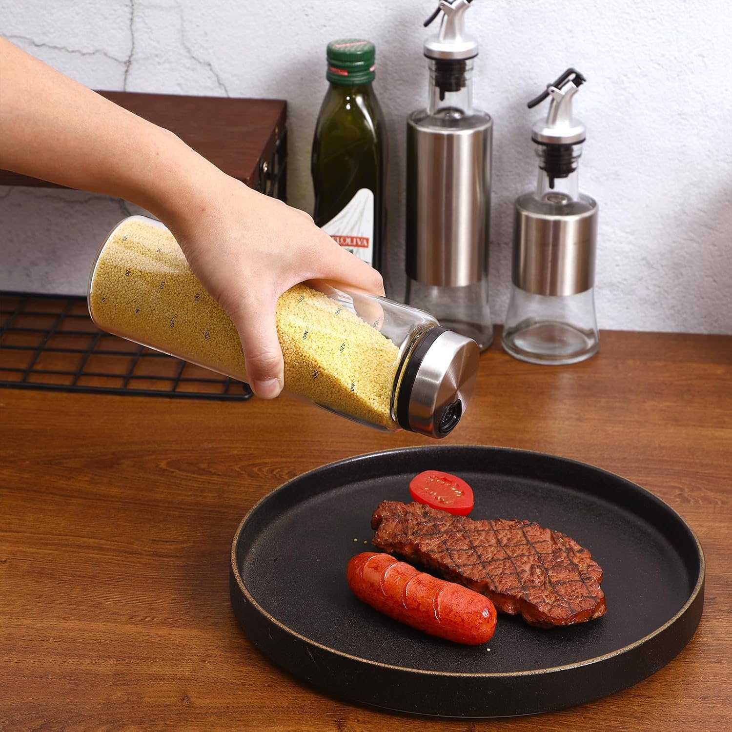Rotary Stainless Steel and Glass Pepper Container Space-saving Seasoning Jar for Kitchen Home Bbq Grill Clean Salt Shaker and Spice Storage Accessory