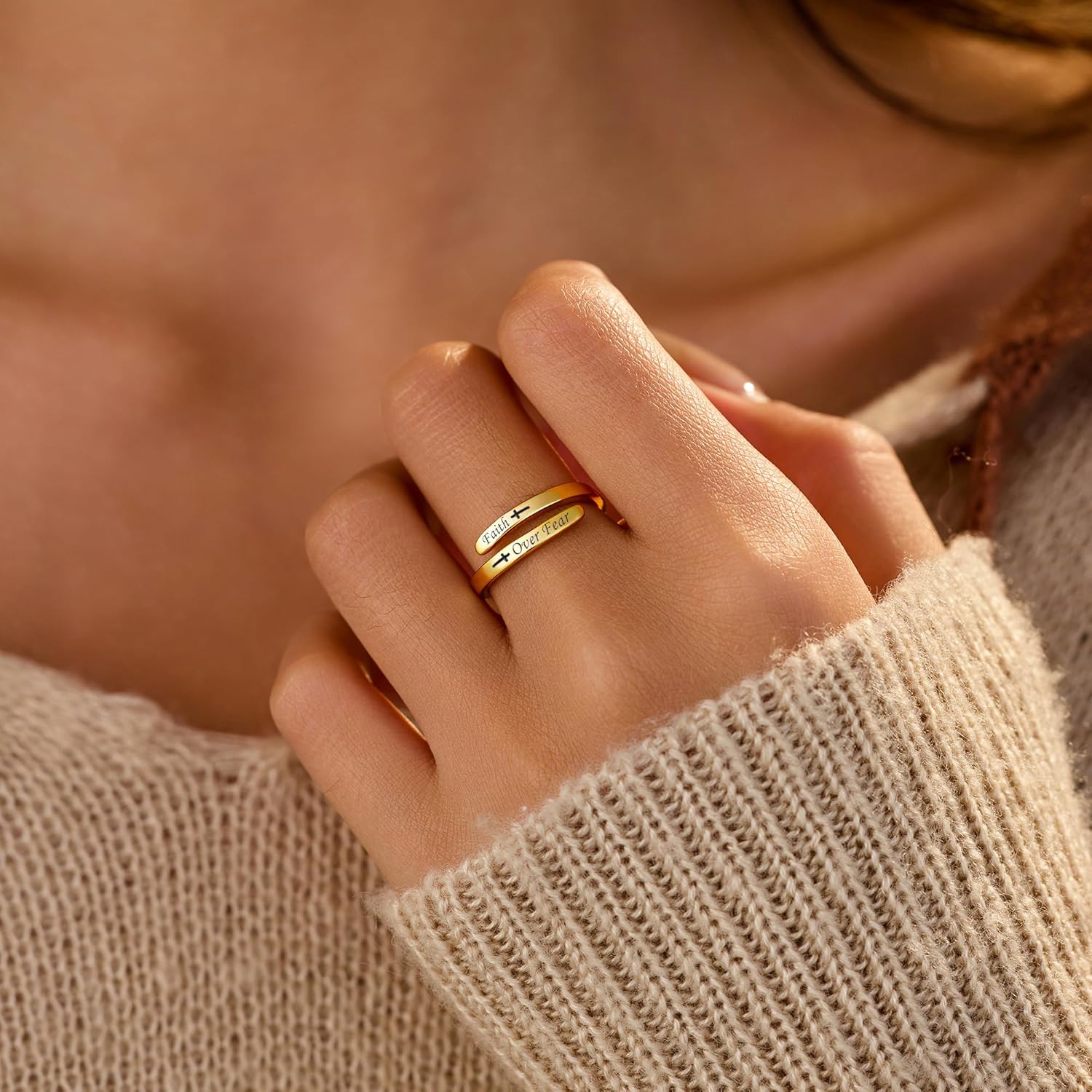 LOVECOM 925 Sterling Silver Faith Over Fear Cross Inspirational Rings for Women Daughter 14k Gold Plated Adjustable Tiny Purity Christian Wrap Ring Encouragement Ring Christmas Jewelry Gifts - Image 2