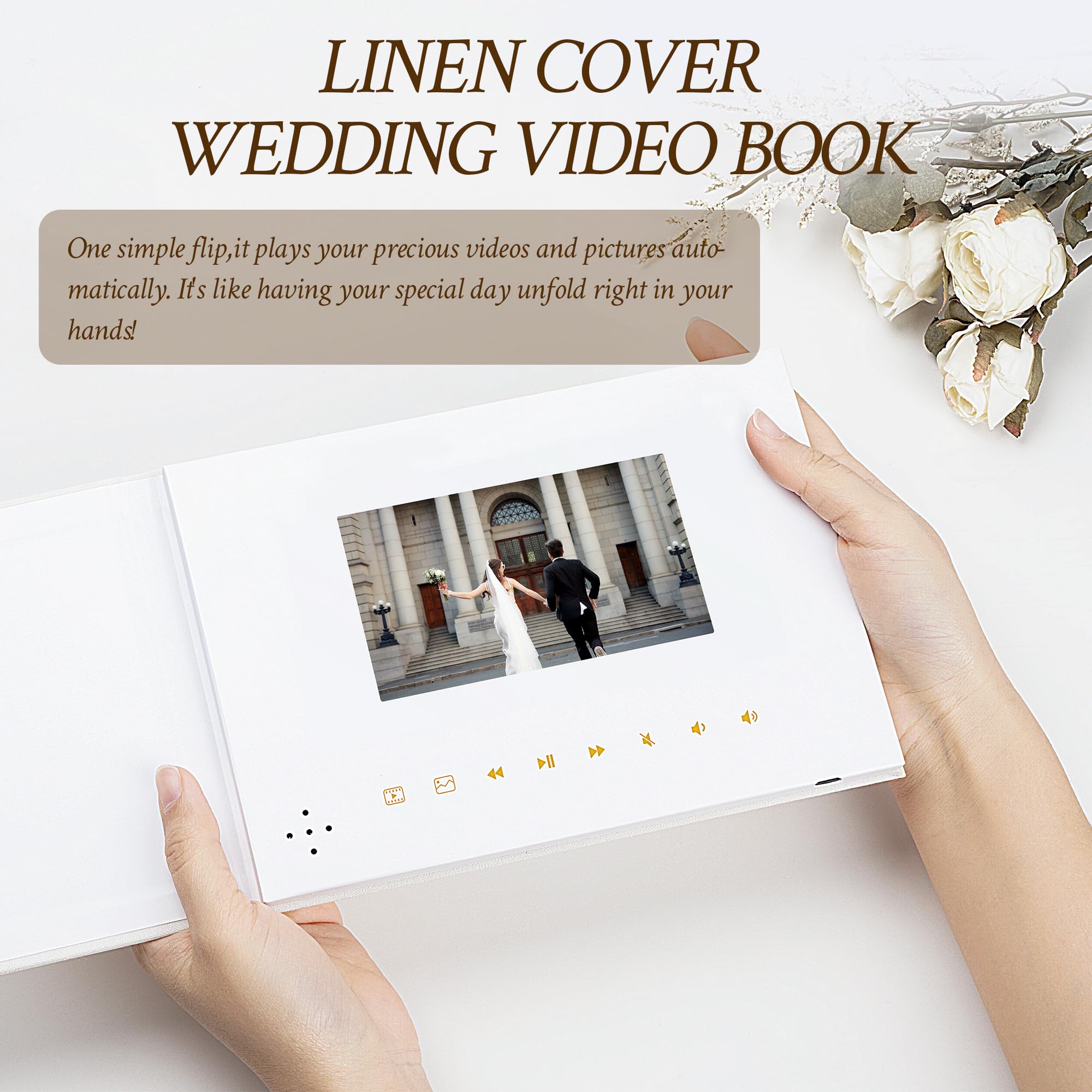 Livre photo et vidéo en lin de luxe, écran IPS de 5", mémoire de 4 Go, batterie rechargeable, jusqu'à 3 heures de stockage vidéo HD, parfait pour les mariages, anniversaires, anniversaires de mariage